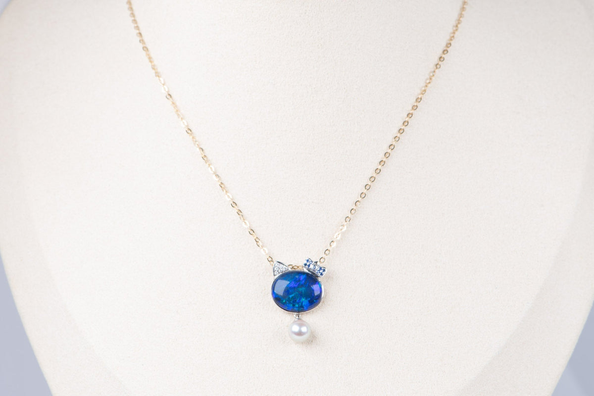 Australian Opal Cat Pendant 18K White Gold R4282 Aurora Designer