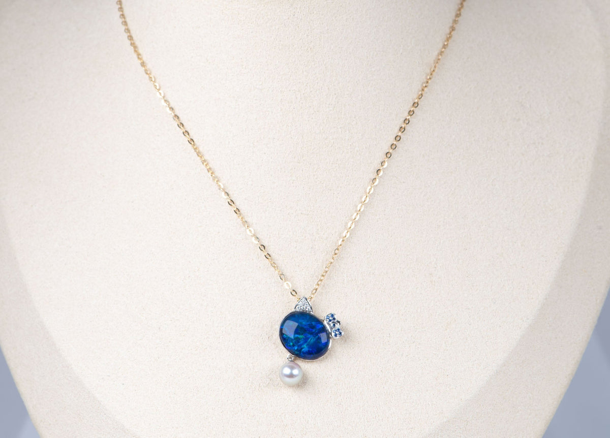 Australian Opal Cat Pendant 18K White Gold R4282 Aurora Designer
