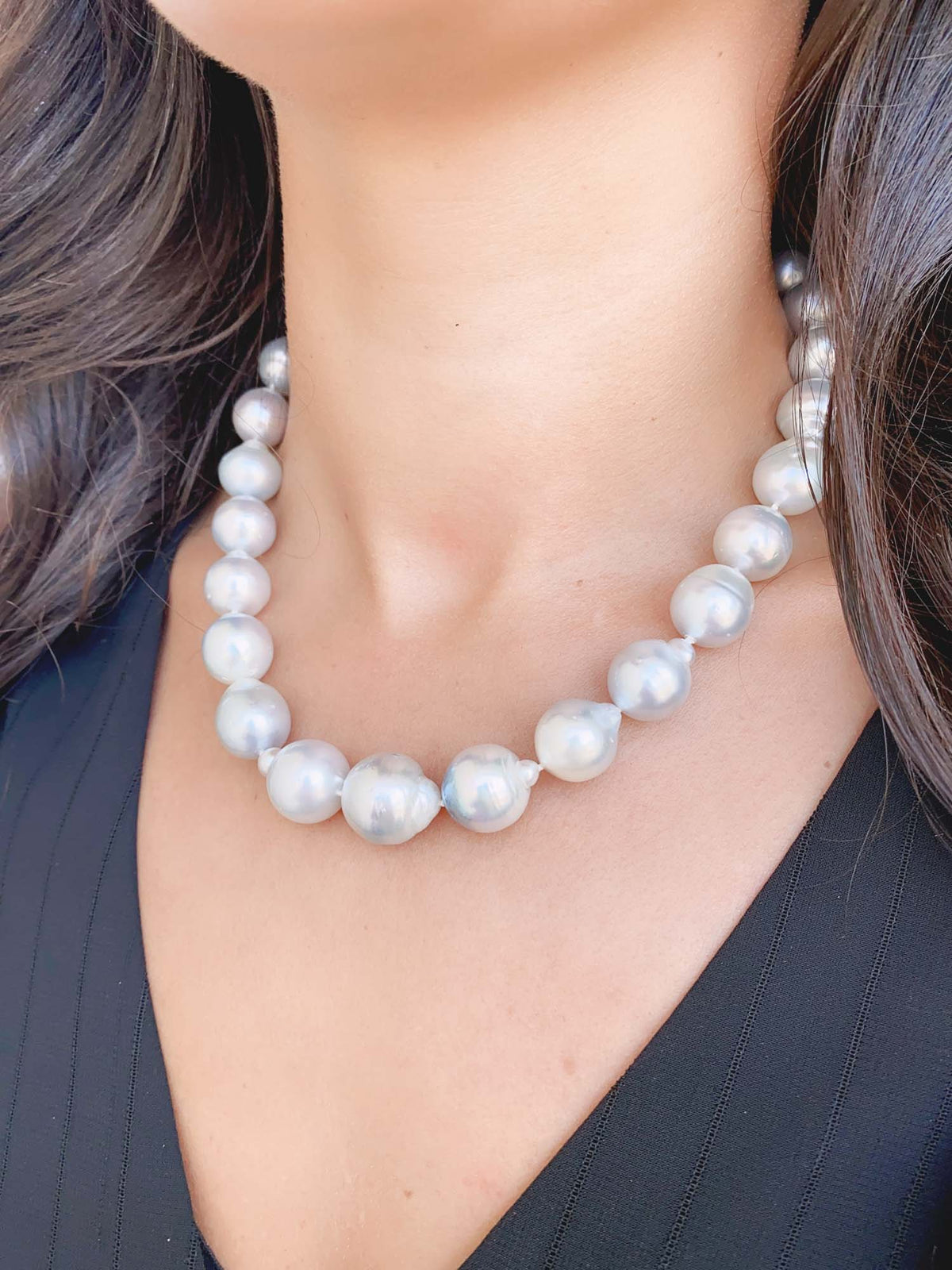 12-16mm South Sea Baroque Pearl Hand Knotted Necklace with 14K White Gold Clasp R4327 Aurora Designer