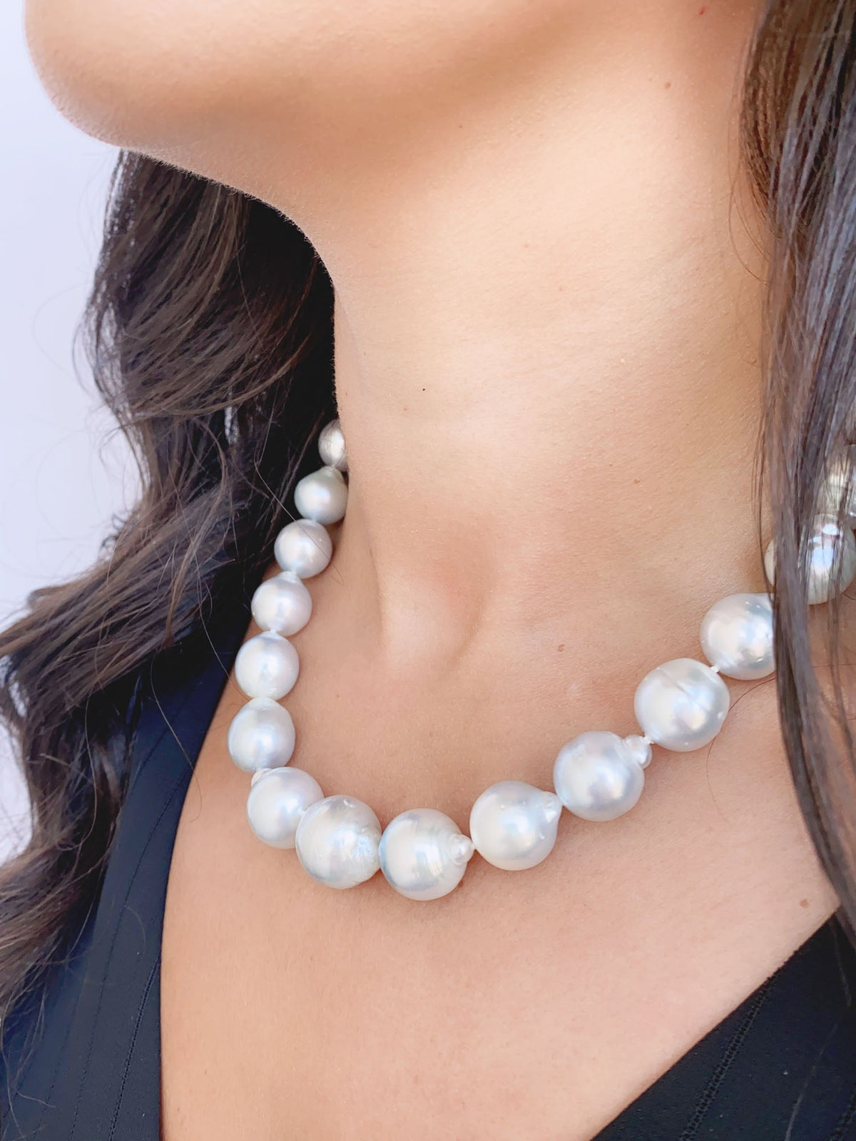 12-16mm South Sea Baroque Pearl Hand Knotted Necklace with 14K White Gold Clasp R4327 Aurora Designer