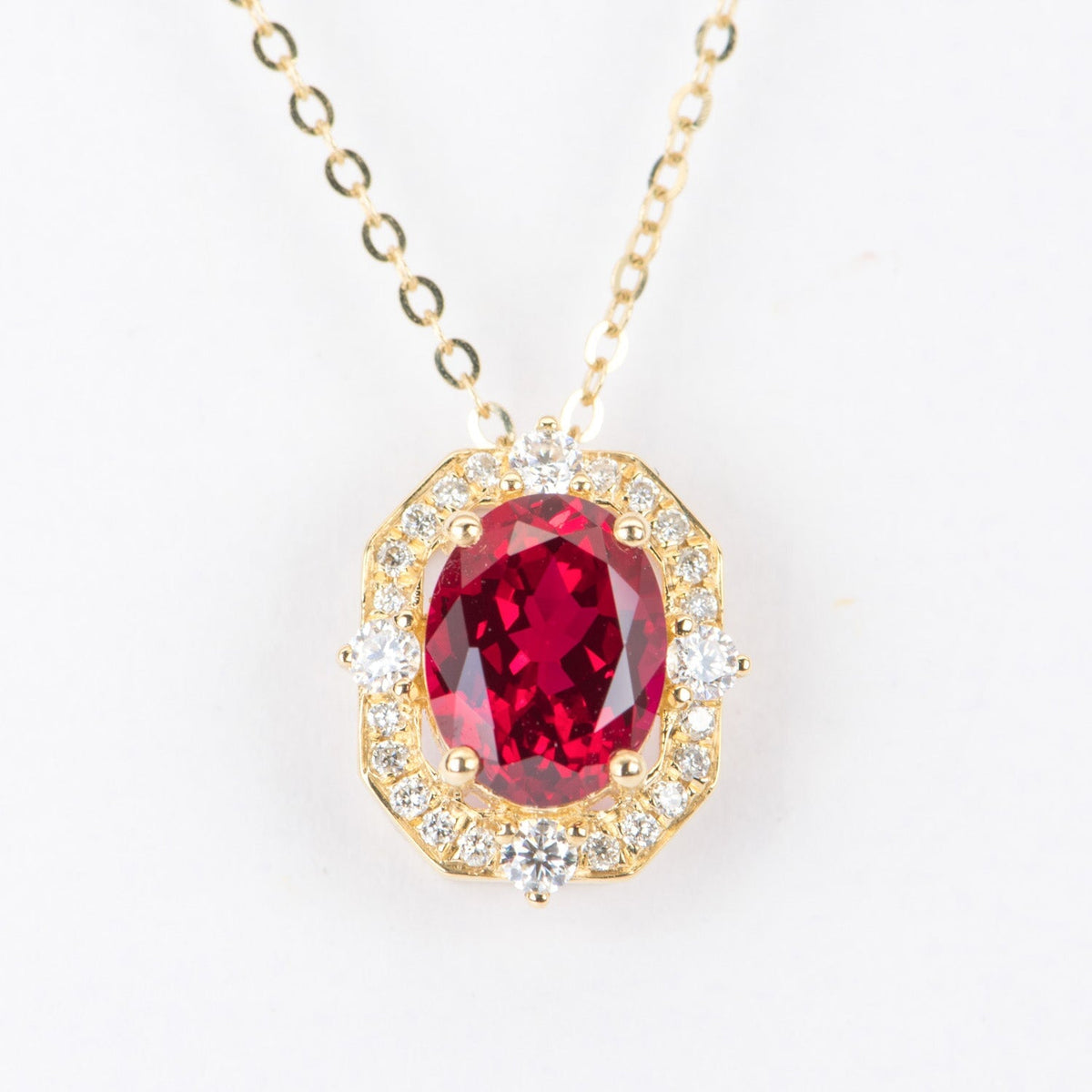 2.1ct Lab Ruby with Moissanite Halo Pendant Charm 18K Gold Pigeon Blood Red Gemstone OOAK R4363 Aurora Designer