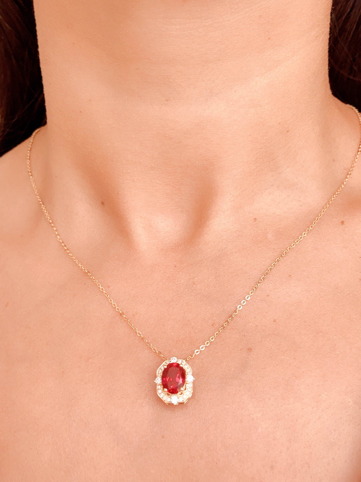 2.1ct Lab Ruby with Moissanite Halo Pendant Charm 18K Gold Pigeon Blood Red Gemstone OOAK R4363 Aurora Designer