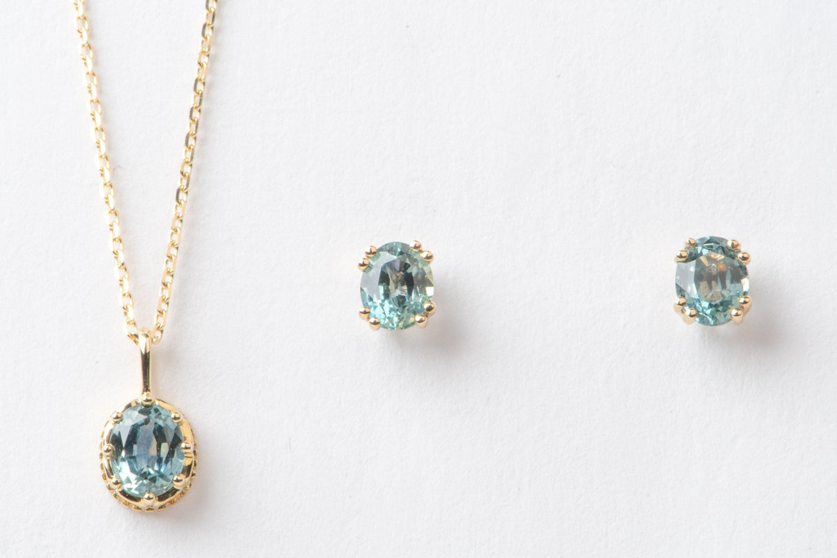 Solid 14K Gold Montana Sapphire Earrings and Necklace Pendant Set Aurora Designer