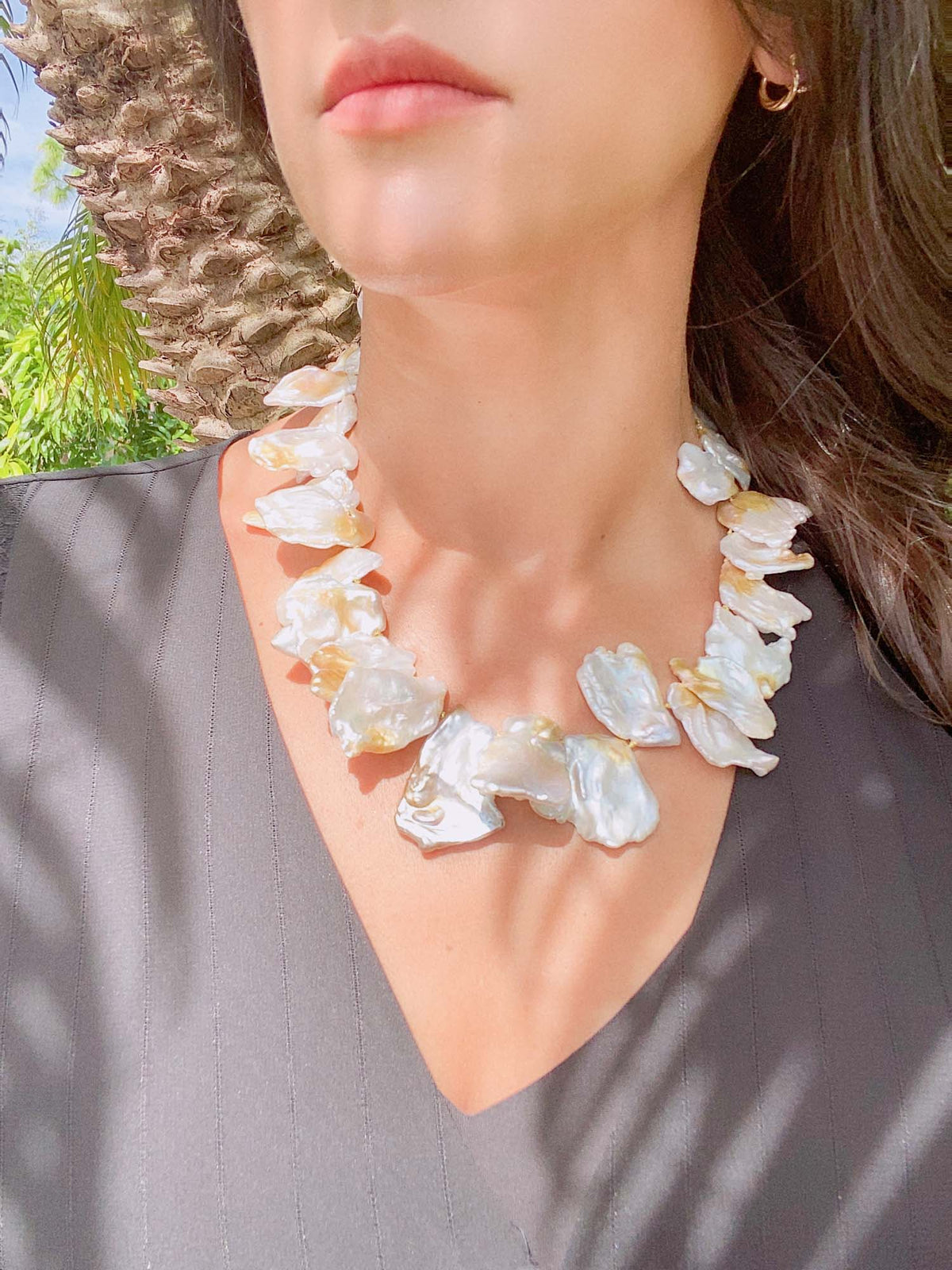 Large Petal Pearl Necklace 14K Gold Sailor Clasp R4371 Aurora Designer