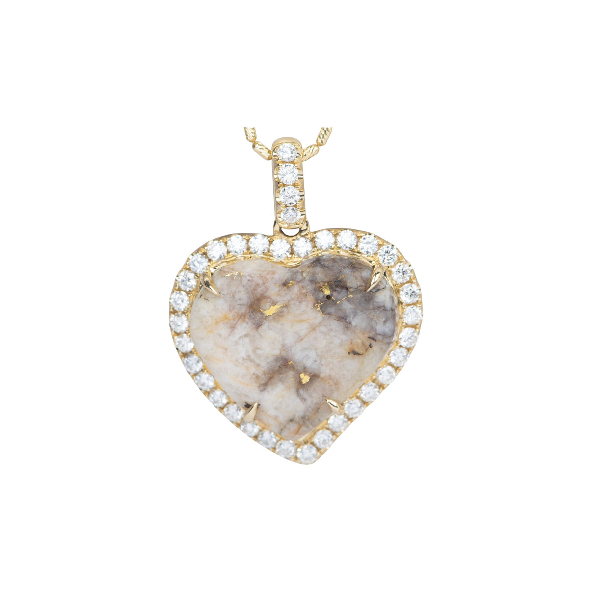 13.8ct Natural Gold in Quartz Heart Pendant with 1.2ct Lab Diamond Halo 14K Gold R4400 Aurora Designer