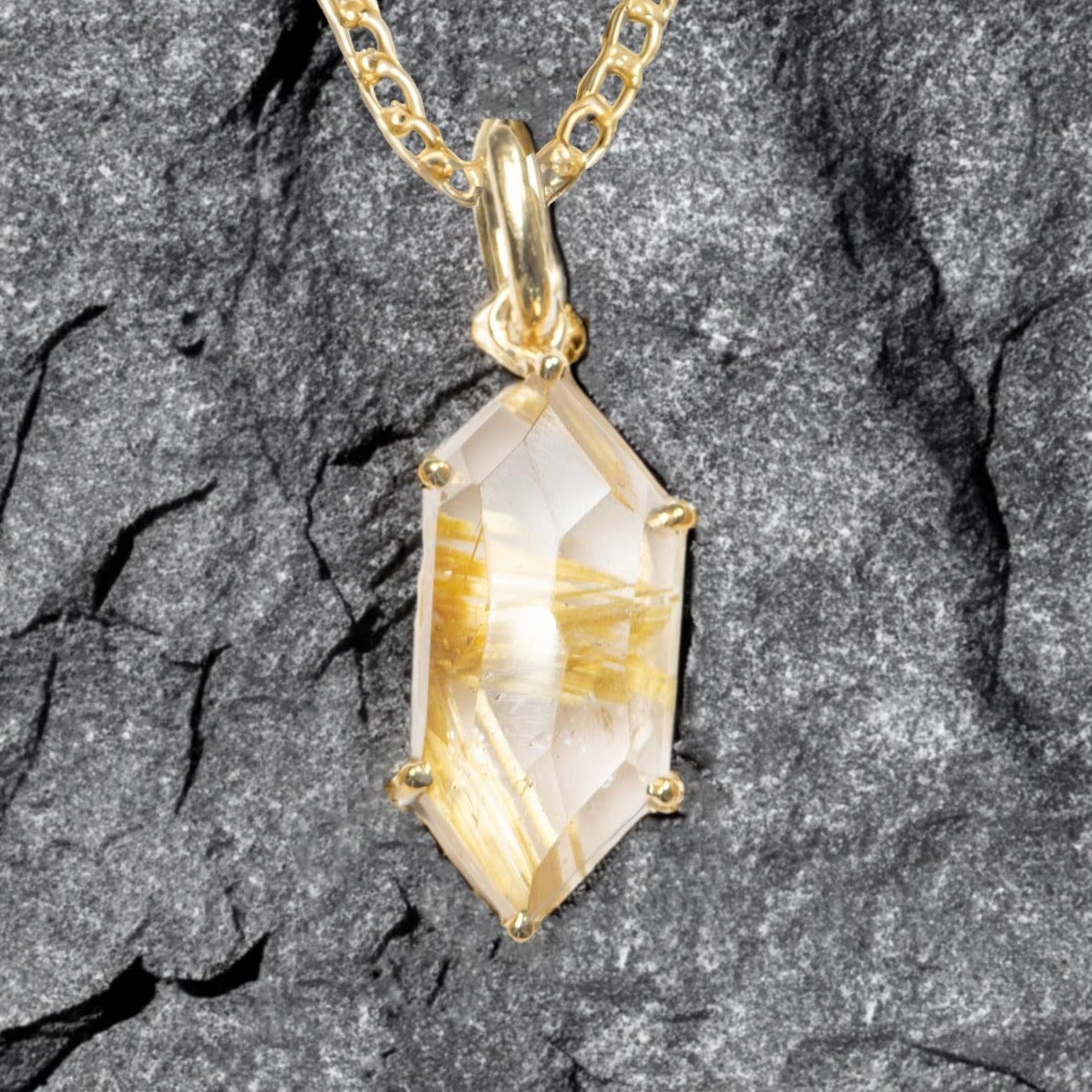 Geometric Golden Rutilated Quartz Pendant Charm 9K Gold R4412 Aurora Designer