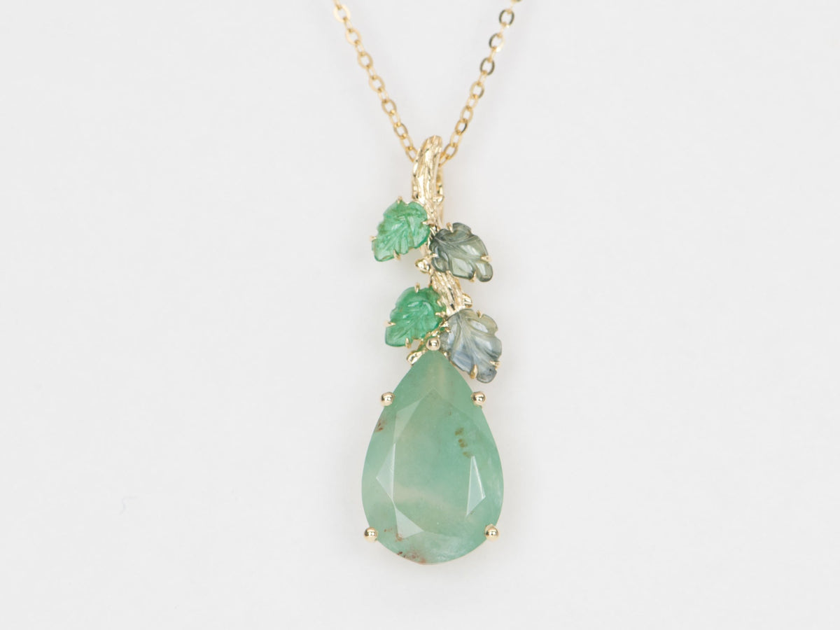 Nature-Inspired Aquaprase and Carved Emerald Sapphire Leaf Pendant 9K Gold R4415 Aurora Designer