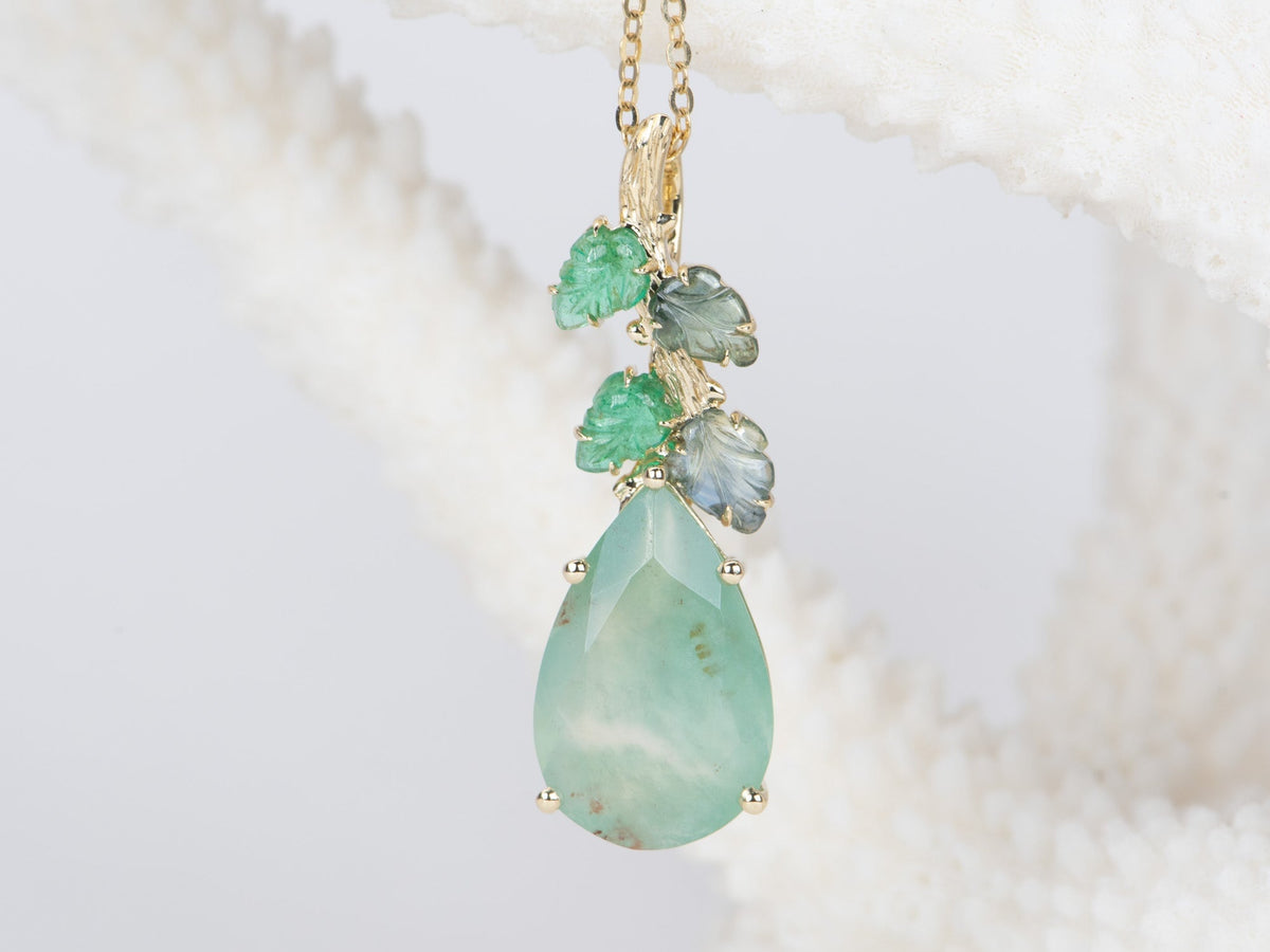 Nature-Inspired Aquaprase and Carved Emerald Sapphire Leaf Pendant 9K Gold R4415 Aurora Designer