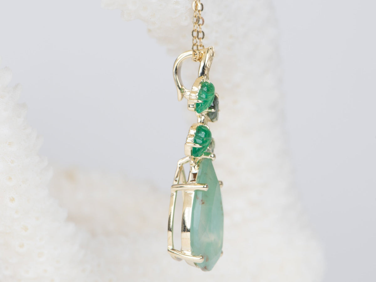 Nature-Inspired Aquaprase and Carved Emerald Sapphire Leaf Pendant 9K Gold R4415 Aurora Designer