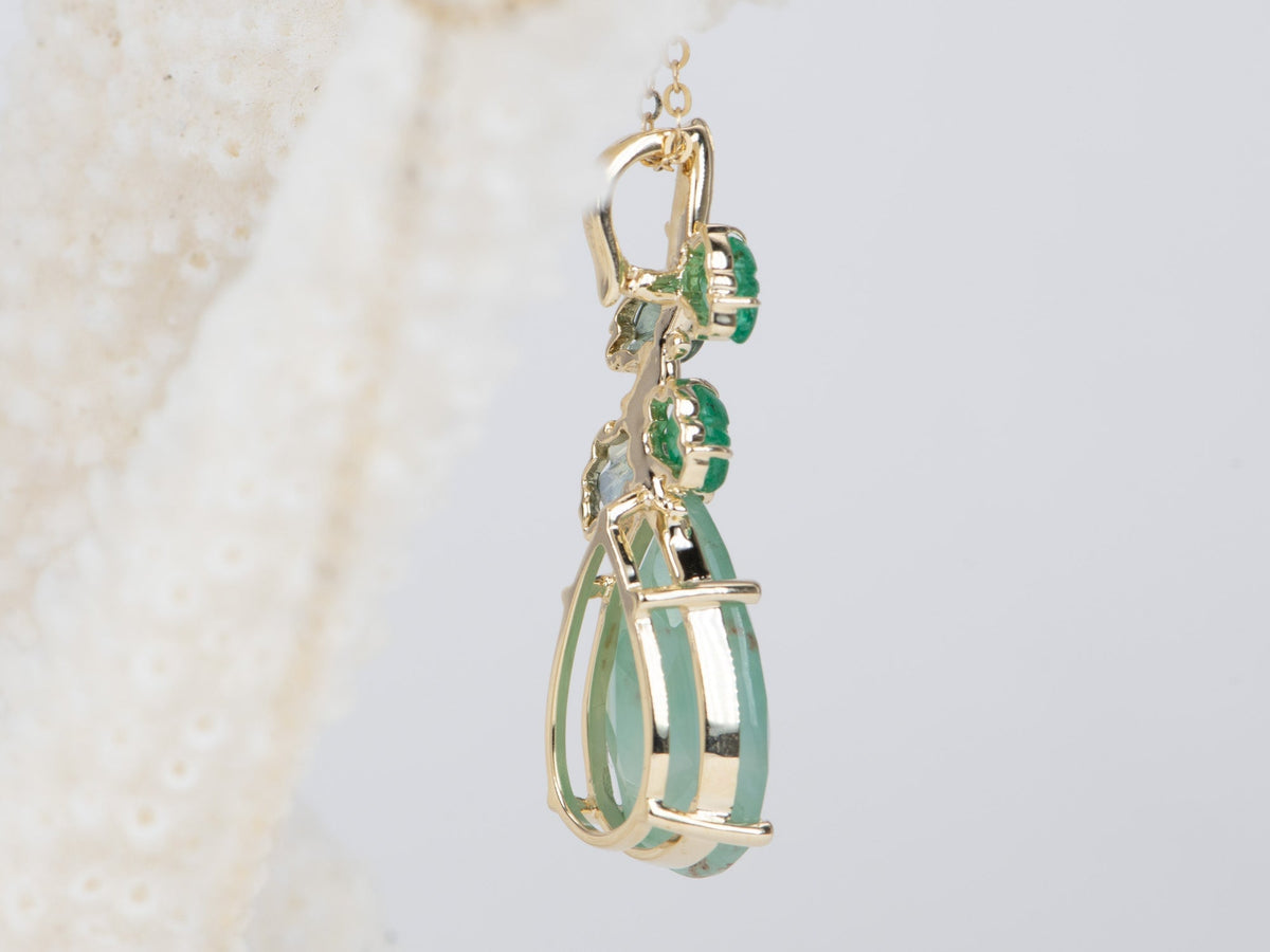 Nature-Inspired Aquaprase and Carved Emerald Sapphire Leaf Pendant 9K Gold R4415 Aurora Designer