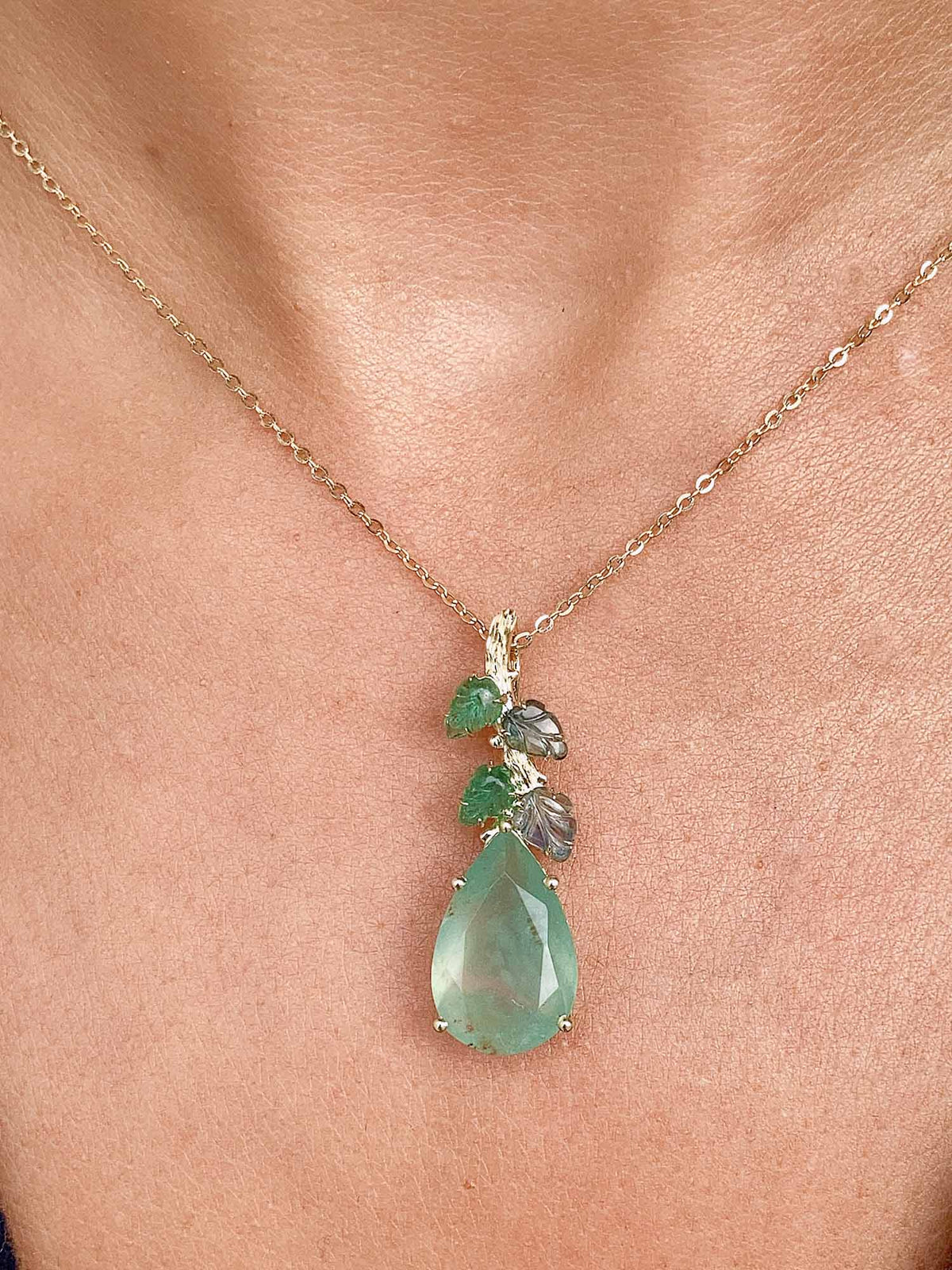 Nature-Inspired Aquaprase and Carved Emerald Sapphire Leaf Pendant 9K Gold R4415 Aurora Designer