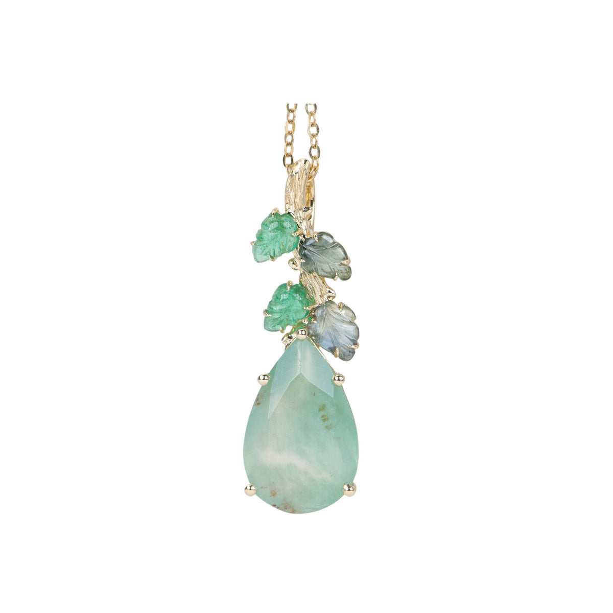 Nature-Inspired Aquaprase and Carved Emerald Sapphire Leaf Pendant 9K Gold R4415 Aurora Designer