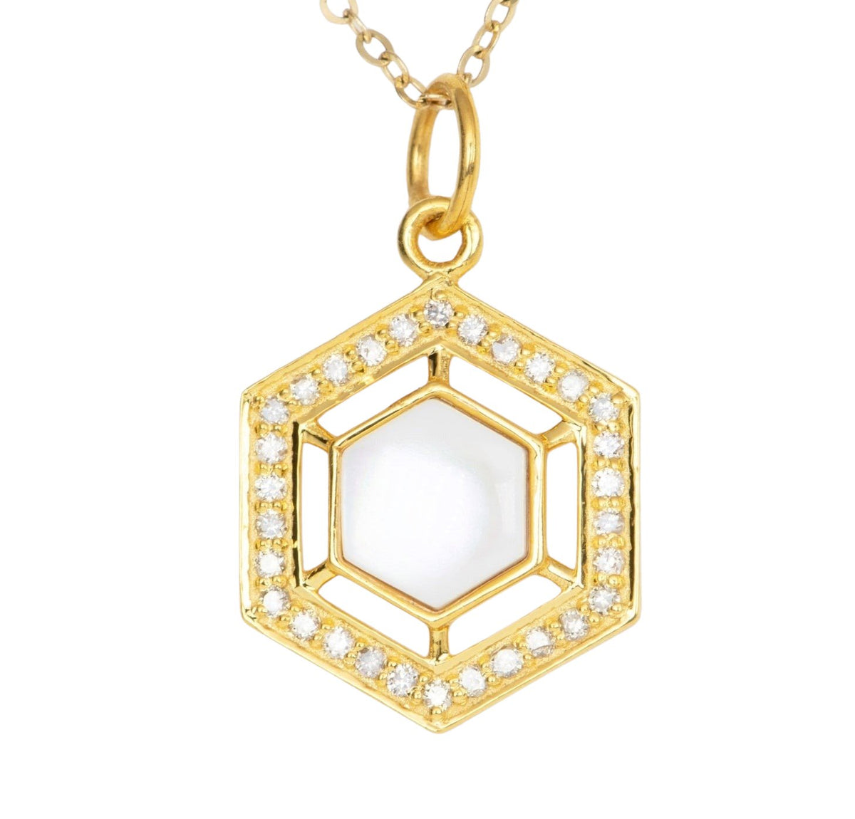Hexagon Shaped Amulet with Mother of Pearl MOP Center and Diamond Halo 14K Gold R4435 Aurora Designer