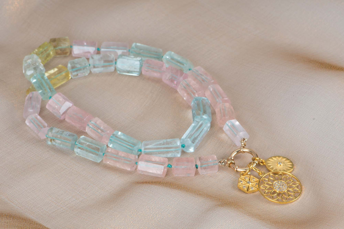 Aquamarine and Morganite Mixed Beryl Knotted Necklace with 14K Gold Sailor Clasp P1089 Aurora Designer
