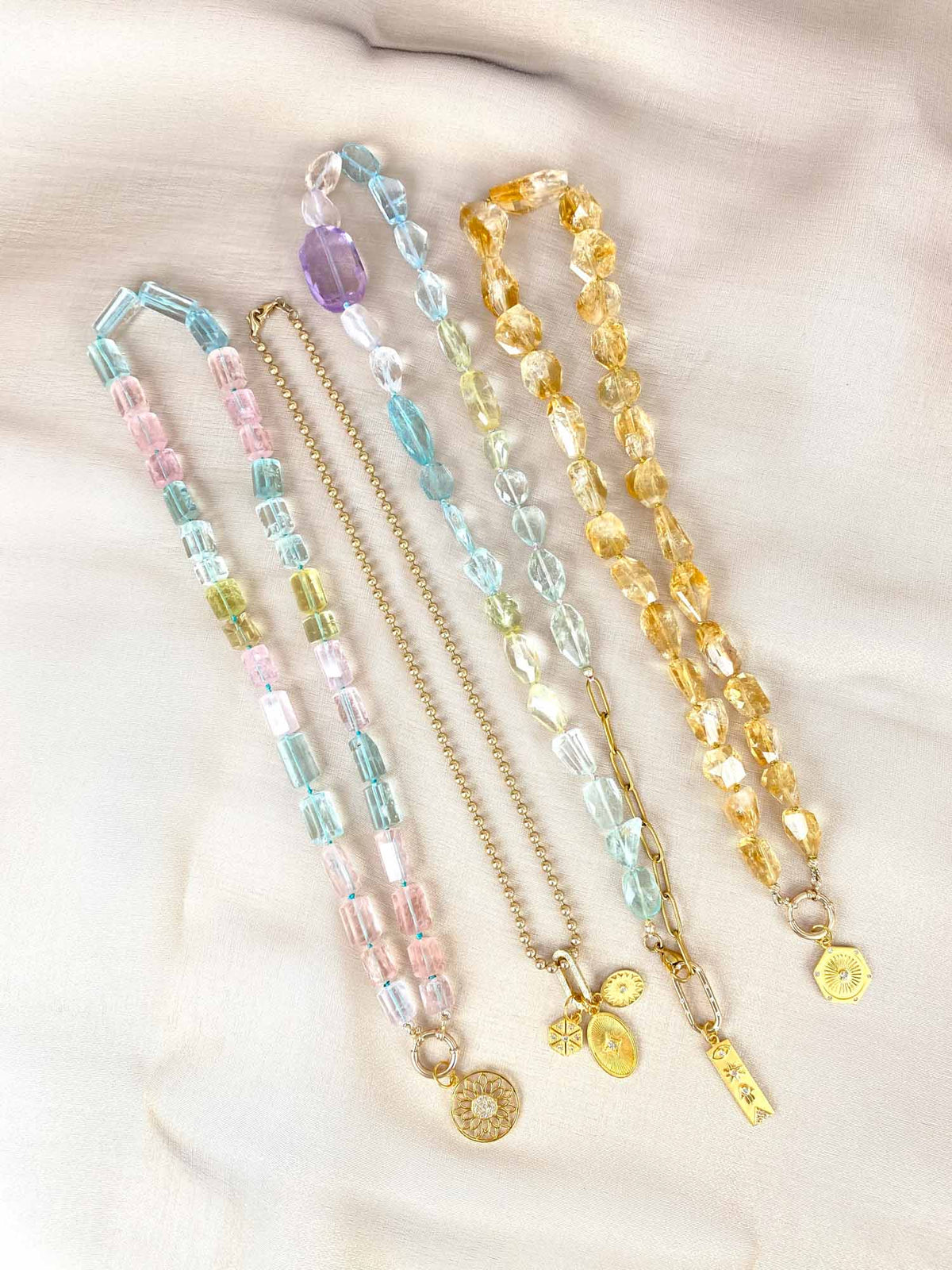 Aquamarine and Morganite Mixed Beryl Knotted Necklace with 14K Gold Sailor Clasp P1089 Aurora Designer