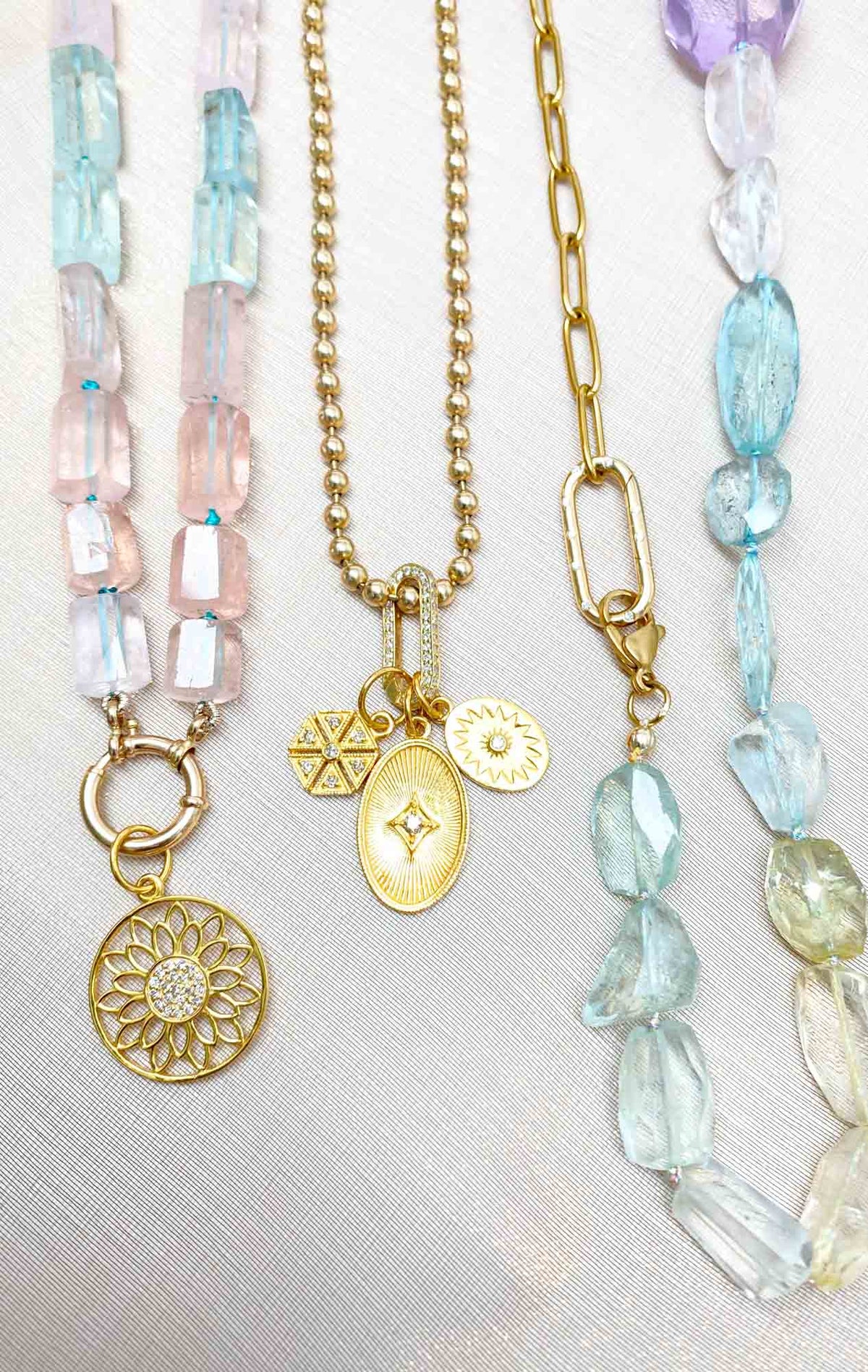 Aquamarine and Morganite Mixed Beryl Knotted Necklace with 14K Gold Sailor Clasp P1089 Aurora Designer