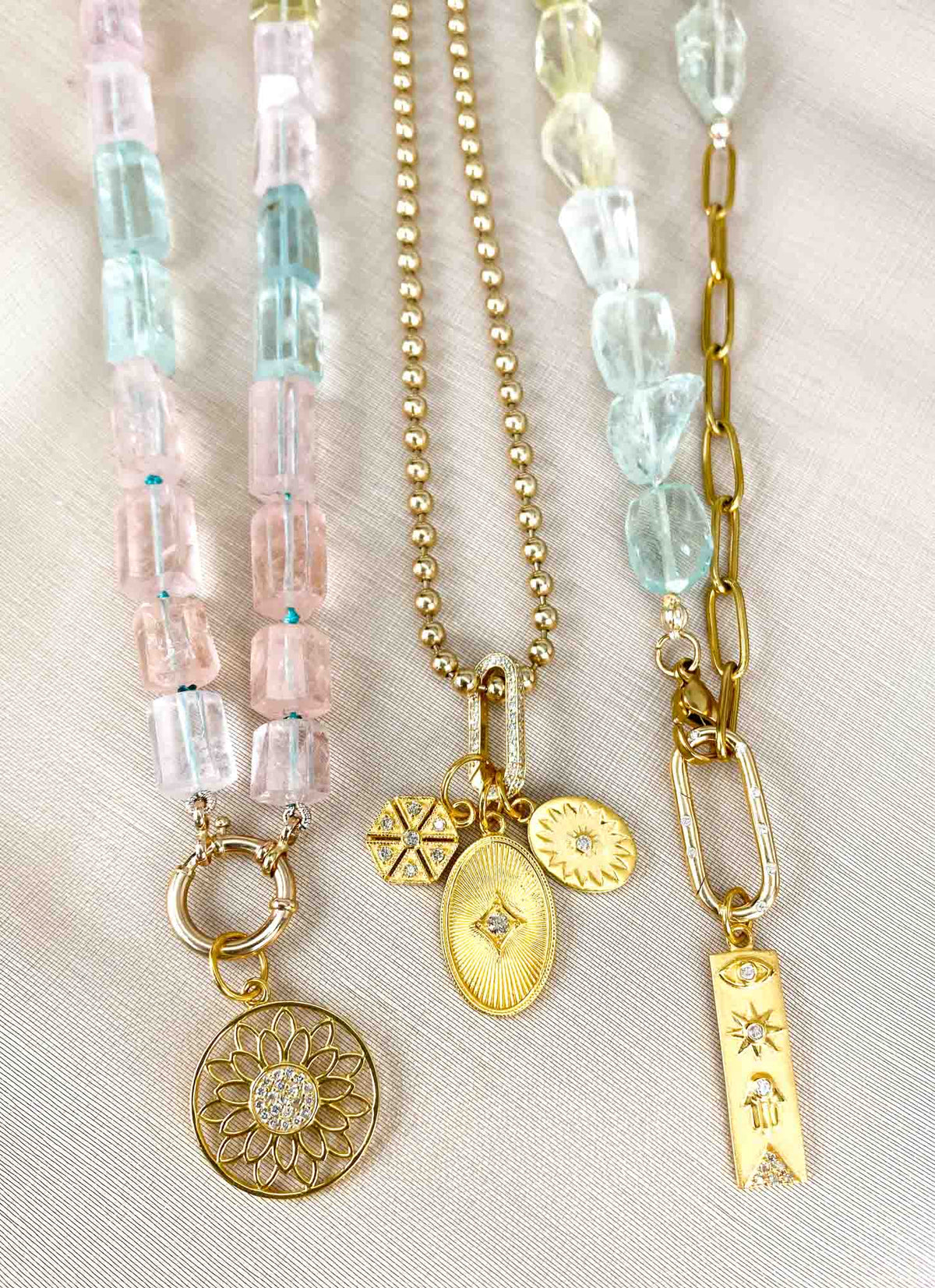 Aquamarine and Morganite Mixed Beryl Knotted Necklace with 14K Gold Sailor Clasp P1089 Aurora Designer