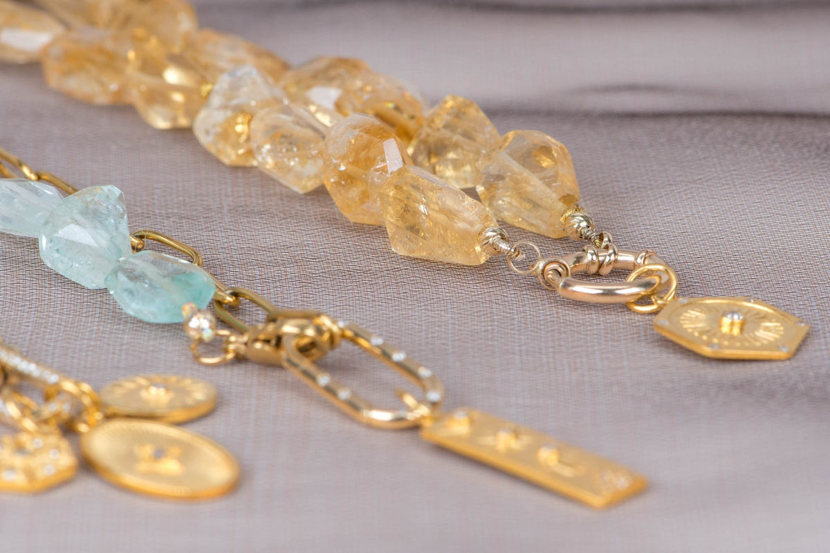 Citrine Faceted Nugget Bead Hand Knotted Necklace with 14K Gold Sailor Clasp P1085 Aurora Designer