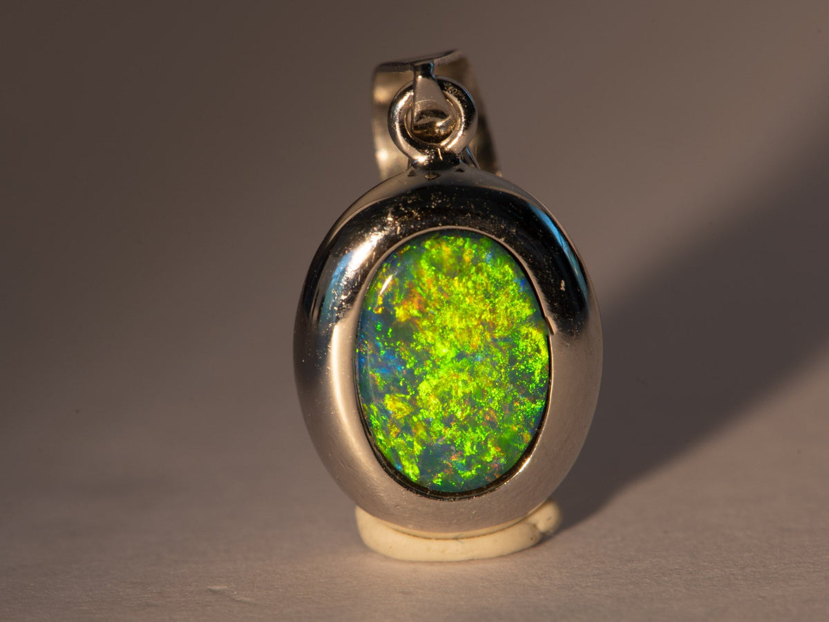 Small Australian Opal Bezel Set Pendant Charm 14K White Gold R4440 Aurora Designer