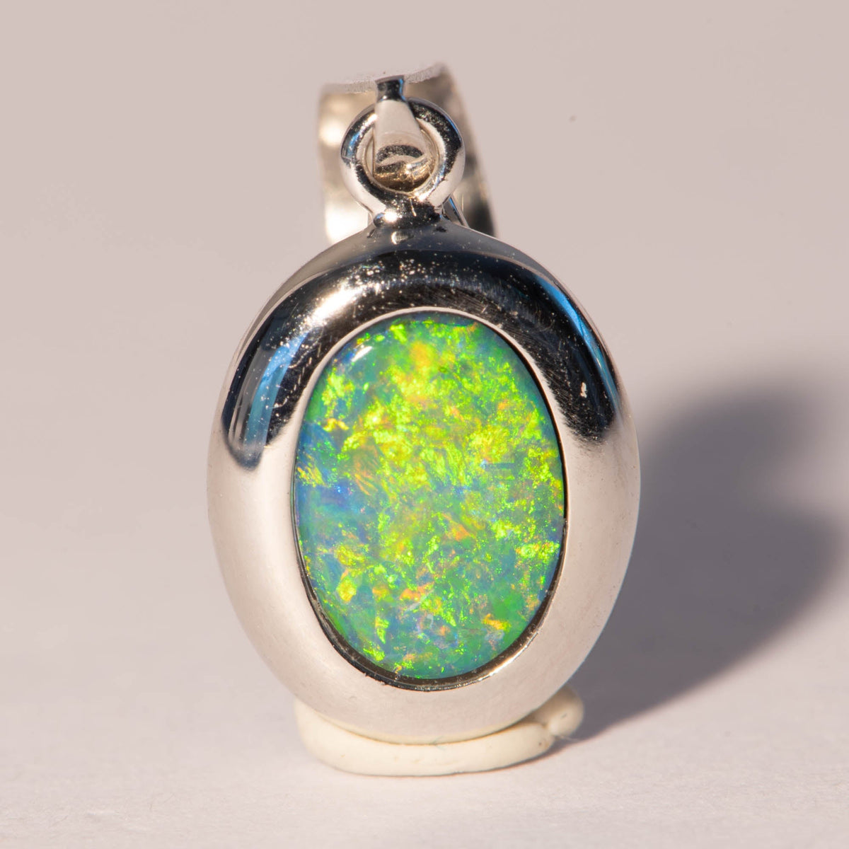Small Australian Opal Bezel Set Pendant Charm 14K White Gold R4440 Aurora Designer