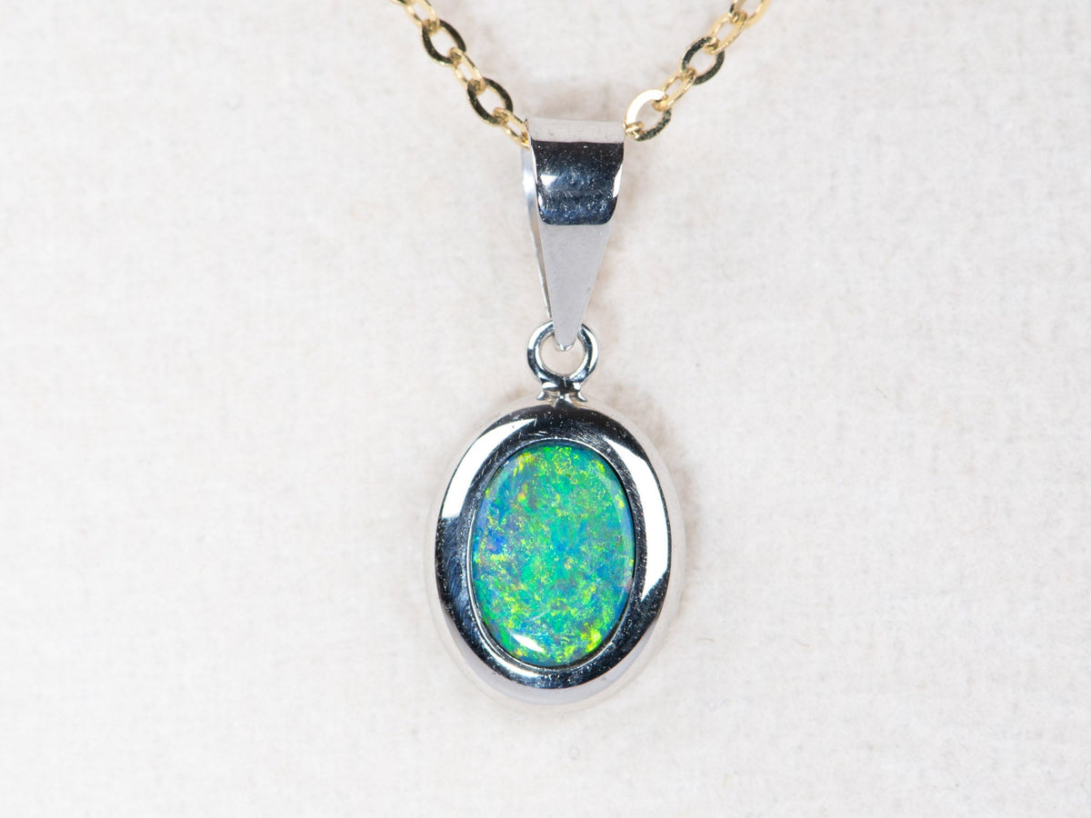 Small Australian Opal Bezel Set Pendant Charm 14K White Gold R4440 Aurora Designer