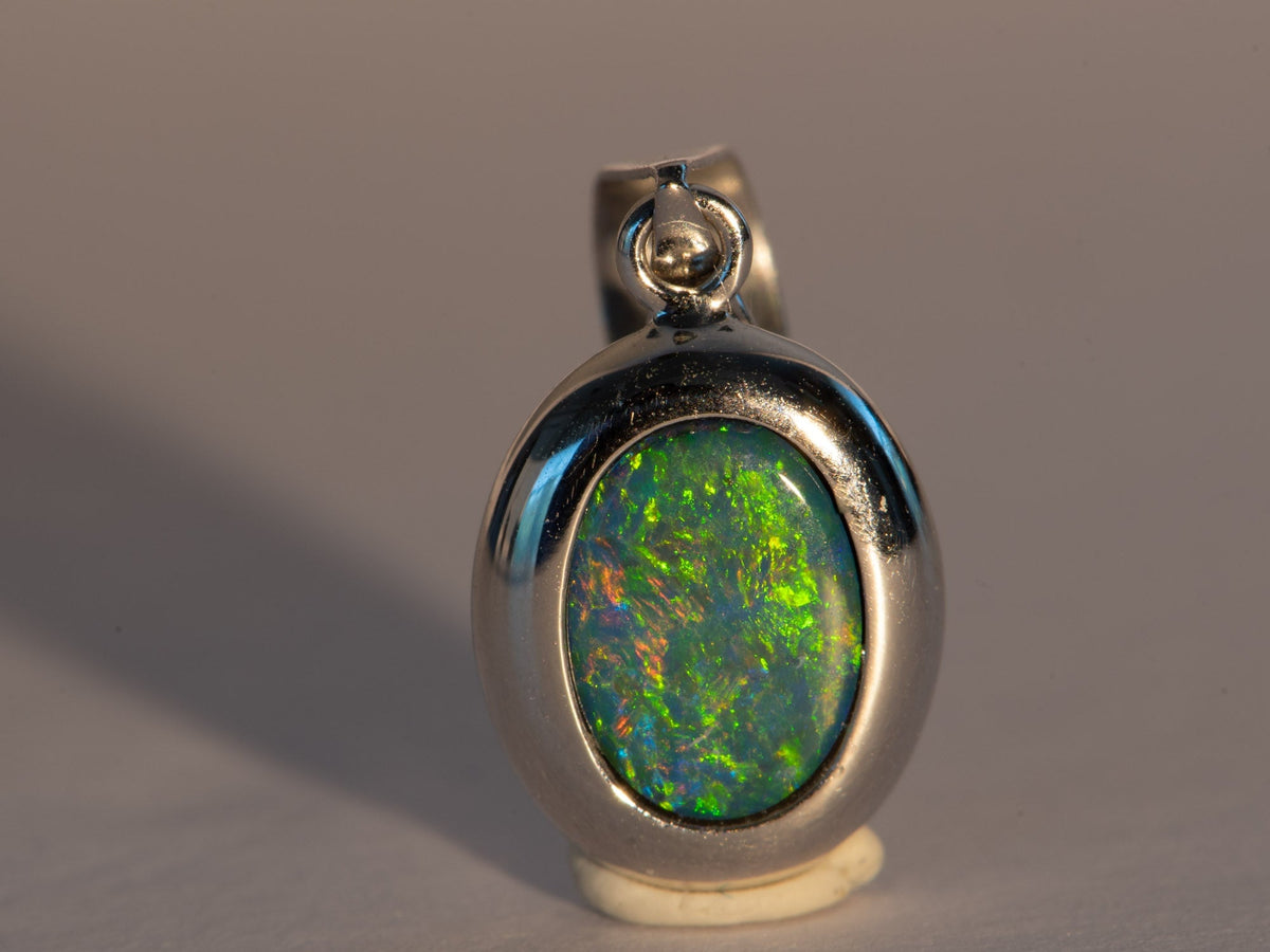 Small Australian Opal Bezel Set Pendant Charm 14K White Gold R4440 Aurora Designer