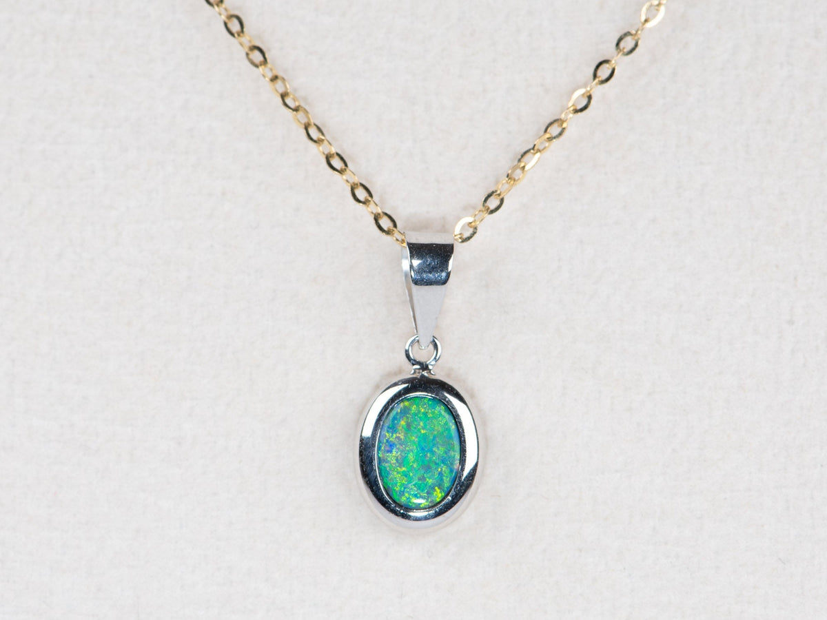 Small Australian Opal Bezel Set Pendant Charm 14K White Gold R4440 Aurora Designer