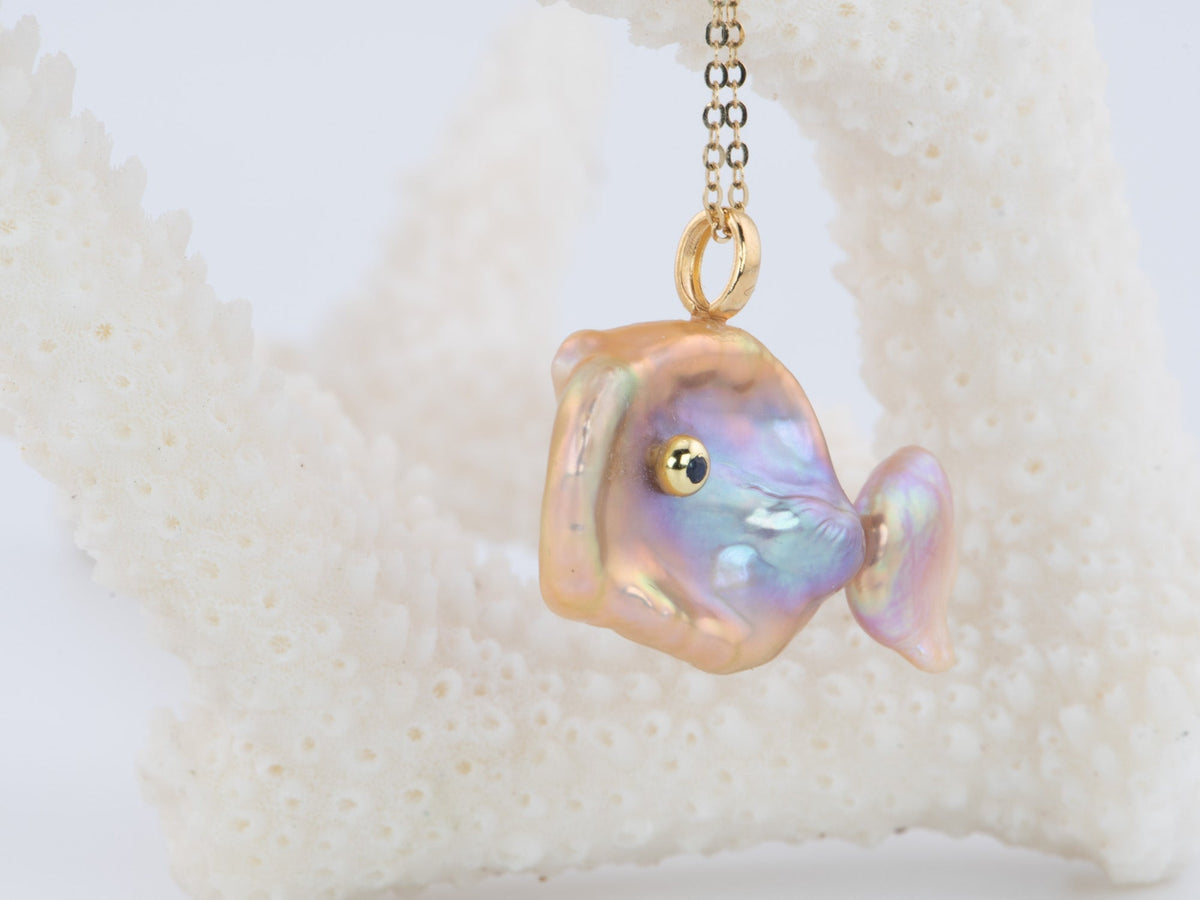Natural Iridescent Pearl Fish Pendant Charm with 18K Gold Bail R4446 Aurora Designer