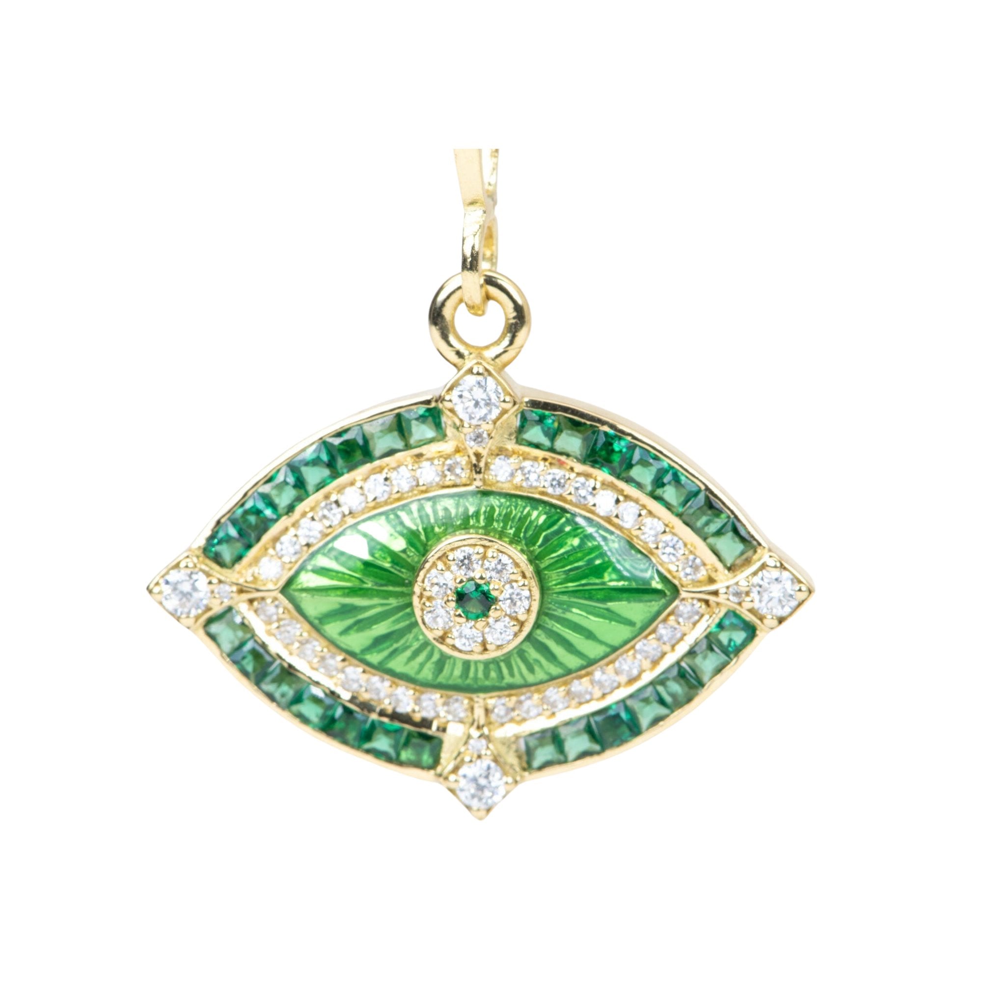 Emerald and Diamond Evil Eye Pendant Guilloche Enamel 18K Gold