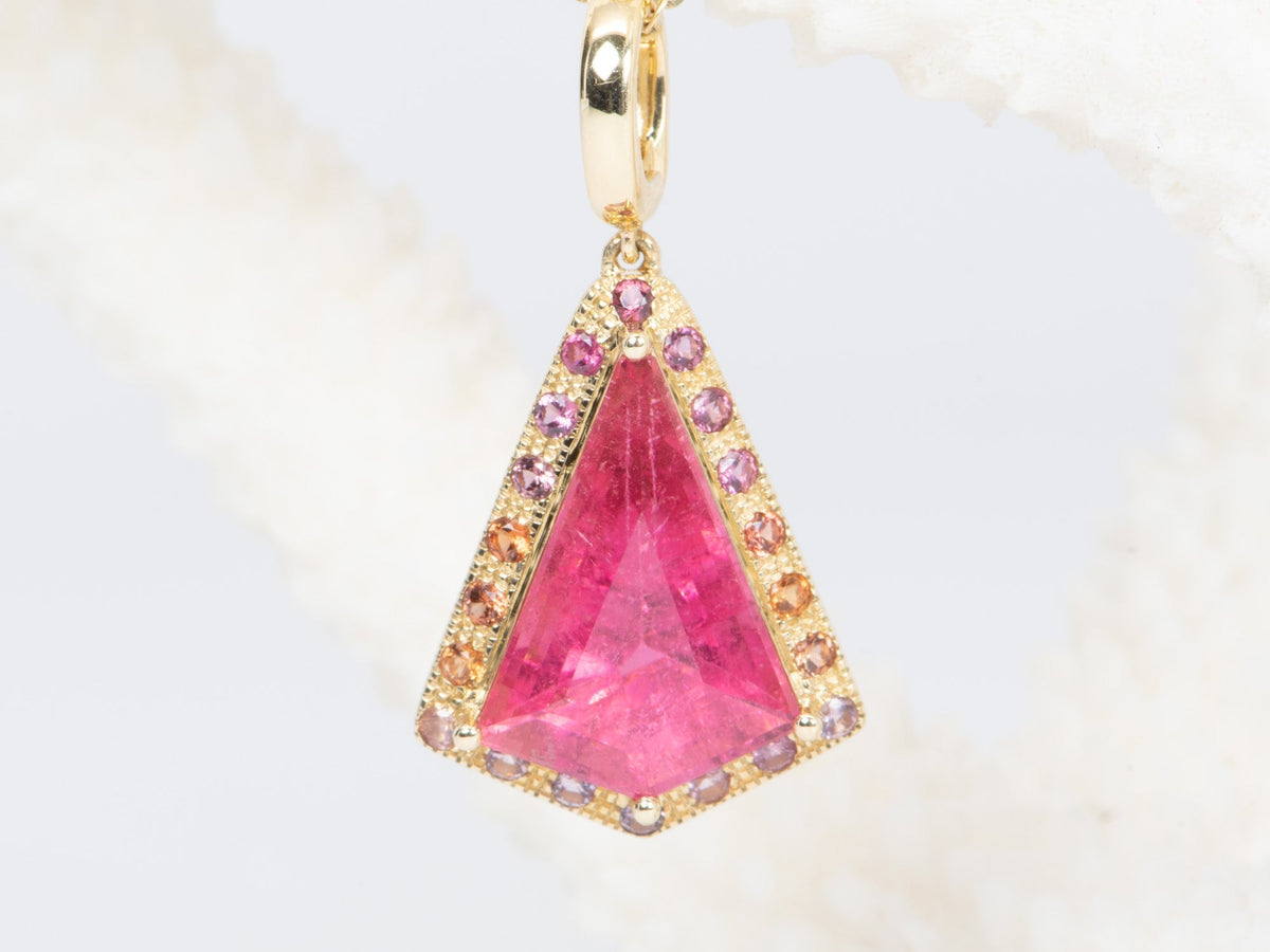 4.59ct Shield Shape Tourmaline with Ombre Sapphire Halo Pendant 14K Gold R4460 Aurora Designer