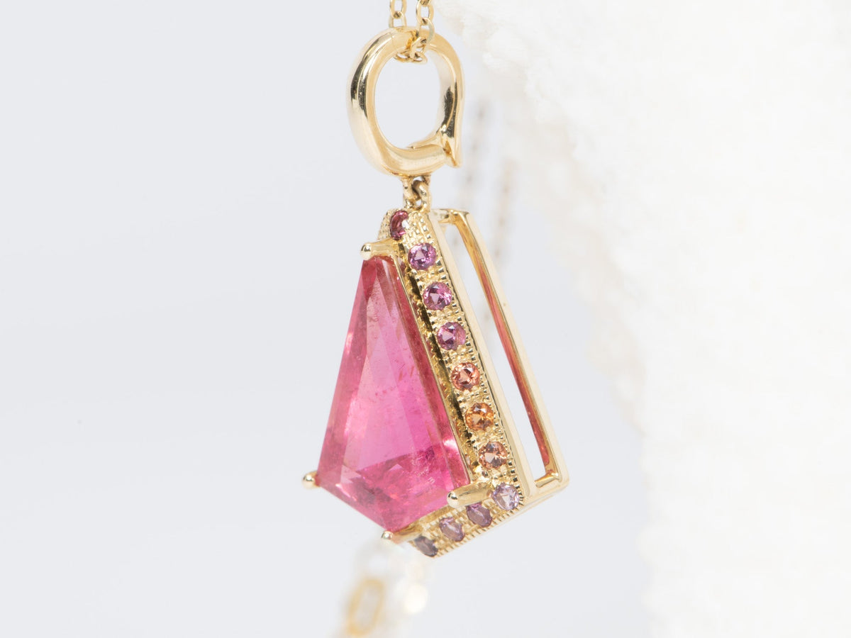4.59ct Shield Shape Tourmaline with Ombre Sapphire Halo Pendant 14K Gold R4460 Aurora Designer