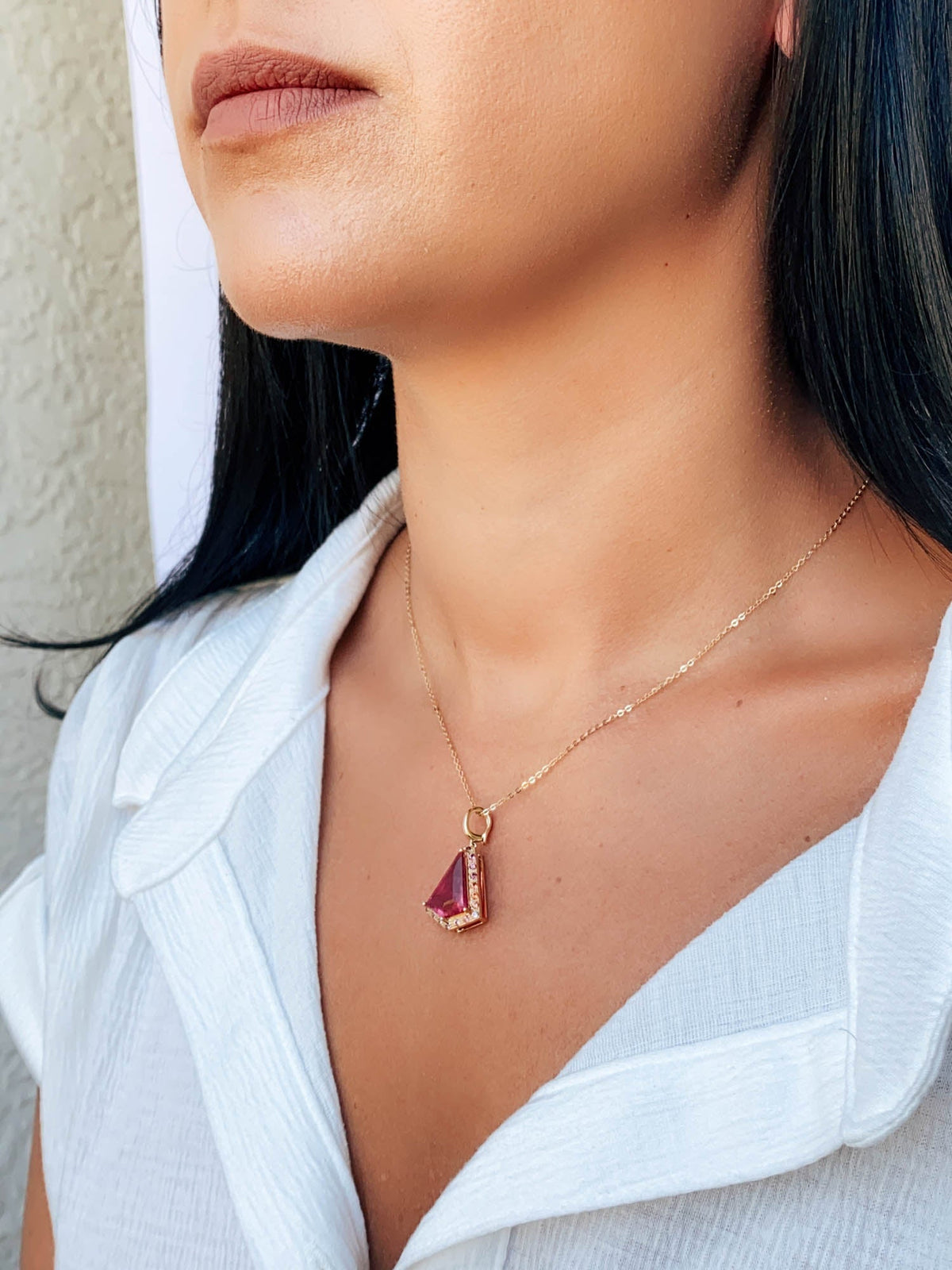4.59ct Shield Shape Tourmaline with Ombre Sapphire Halo Pendant 14K Gold R4460 Aurora Designer