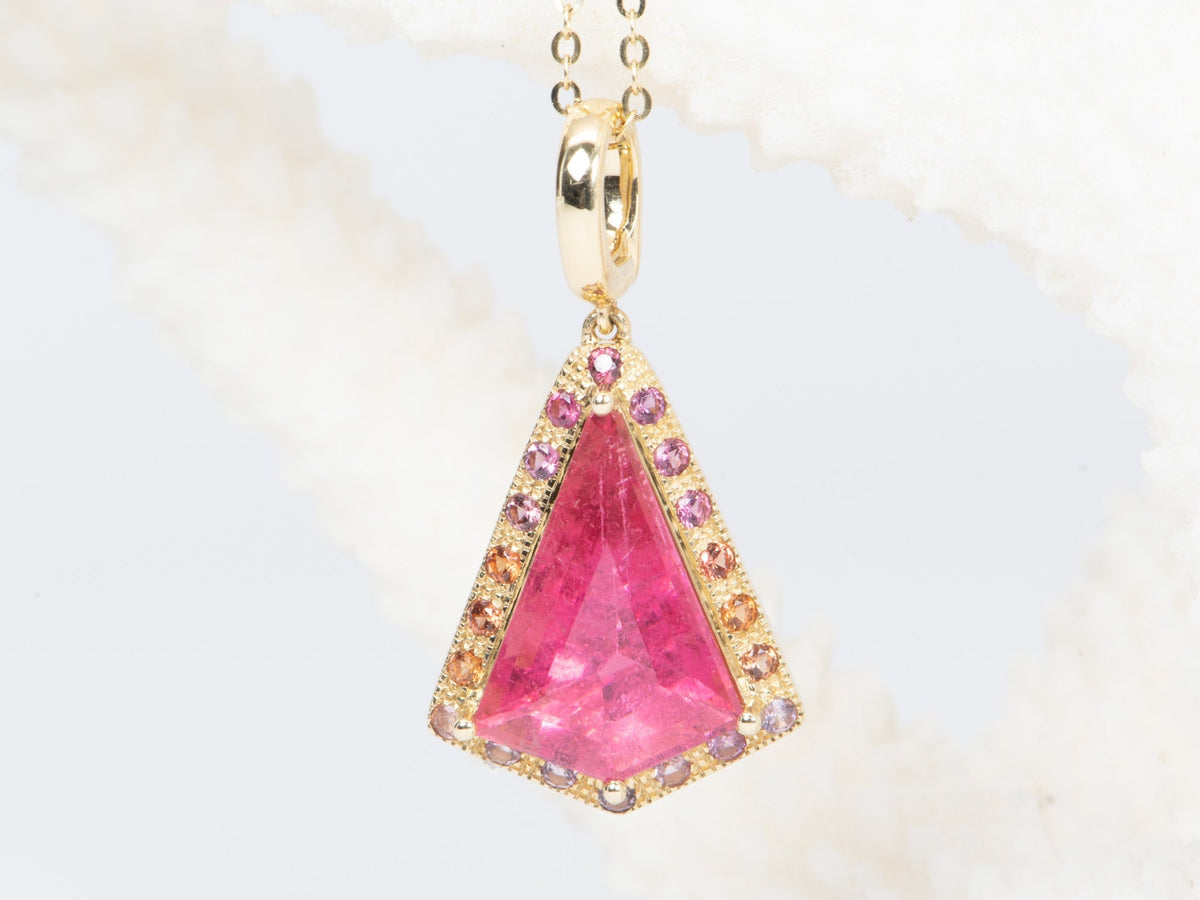 4.59ct Shield Shape Tourmaline with Ombre Sapphire Halo Pendant 14K Gold R4460 Aurora Designer