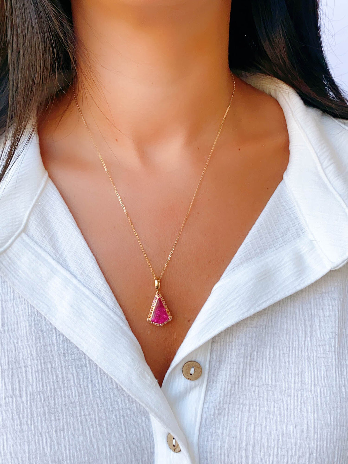 4.59ct Shield Shape Tourmaline with Ombre Sapphire Halo Pendant 14K Gold R4460 Aurora Designer