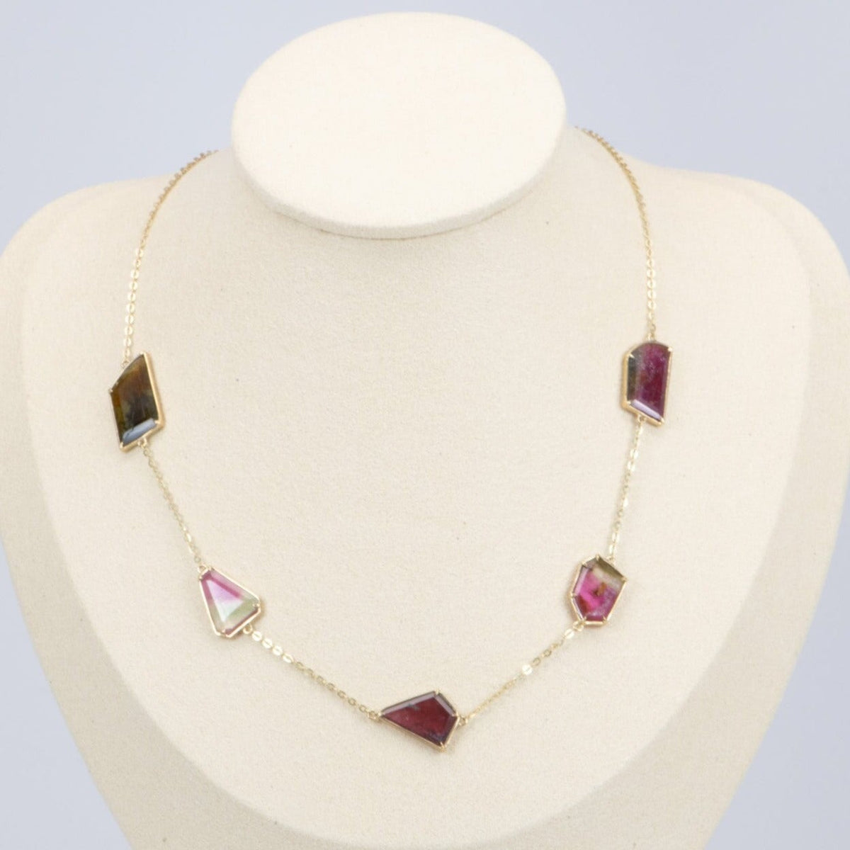 13.75ct Bi-Color Tourmaline Slice Station Necklace 9K Gold R4462 Aurora Designer