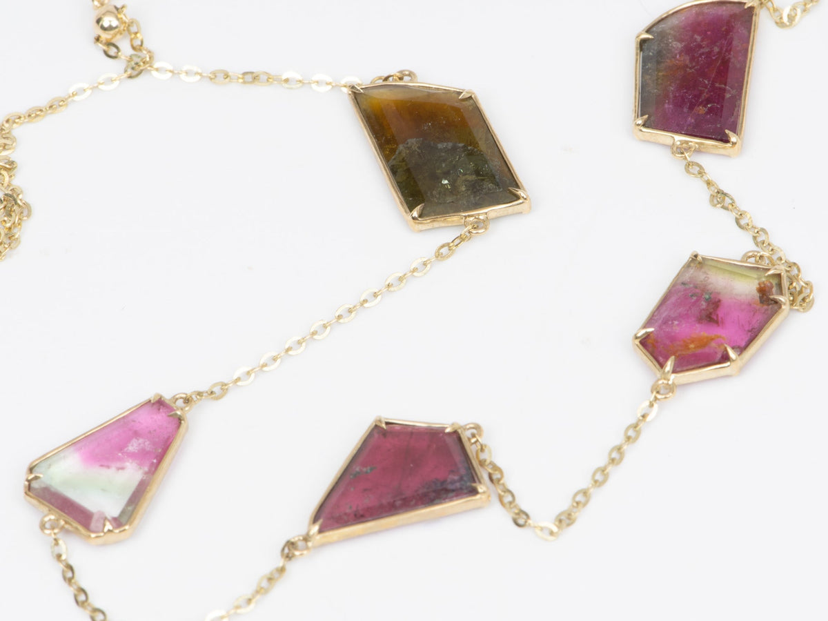 13.75ct Bi-Color Tourmaline Slice Station Necklace 9K Gold R4462 Aurora Designer