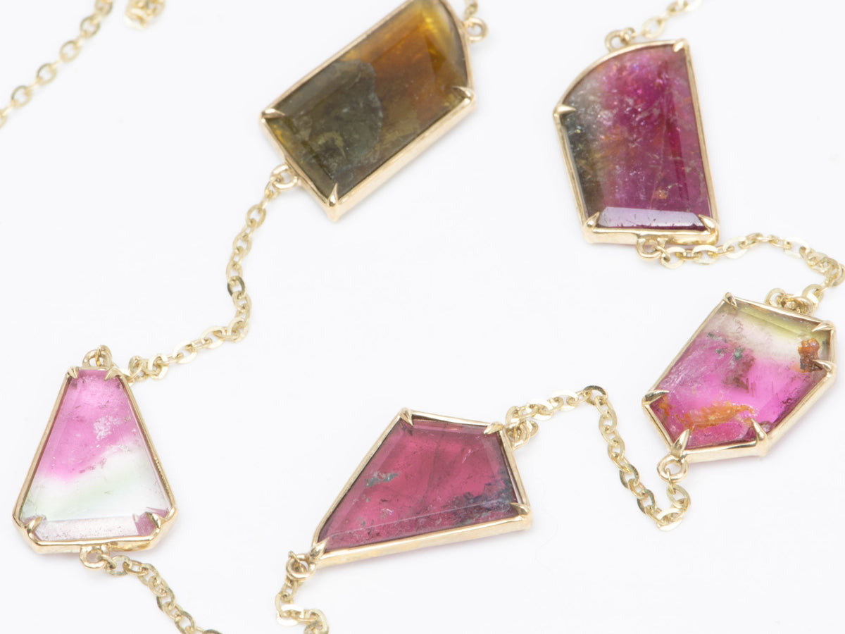 13.75ct Bi-Color Tourmaline Slice Station Necklace 9K Gold R4462 Aurora Designer