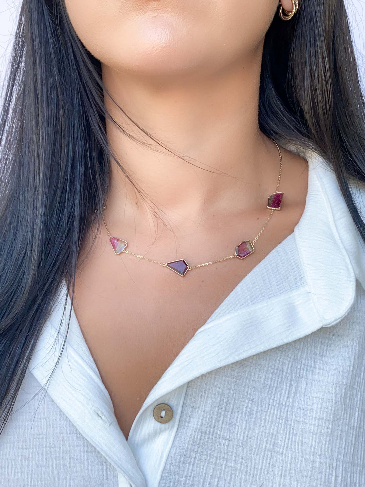 13.75ct Bi-Color Tourmaline Slice Station Necklace 9K Gold R4462 Aurora Designer