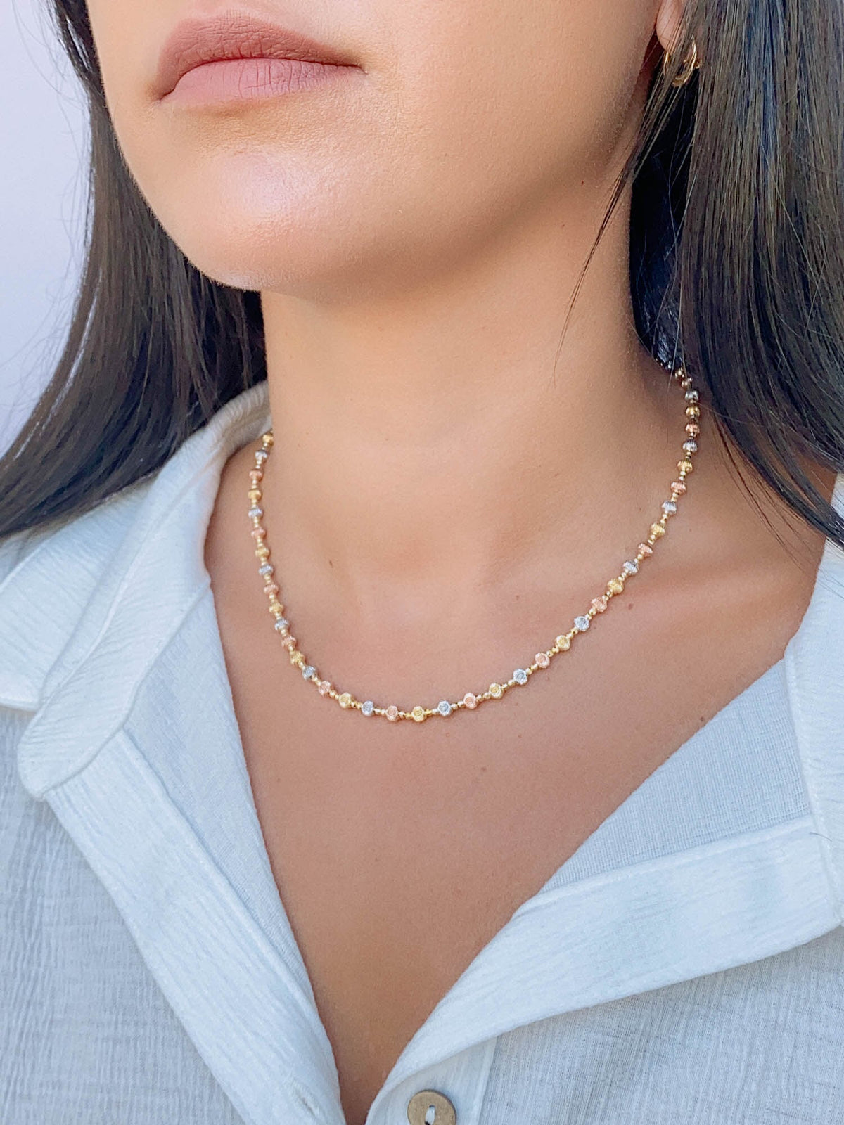 17.5&quot; Tri-Color Solid 18K Gold Diamond Cut Sparkly Bead Necklace 11g+ R4464 Aurora Designer