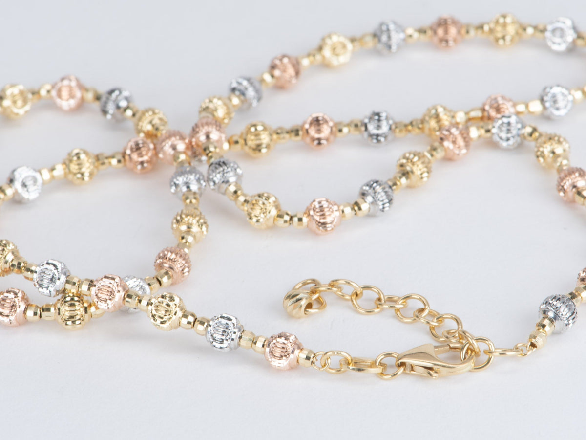 17.5&quot; Tri-Color Solid 18K Gold Diamond Cut Sparkly Bead Necklace 11g+ R4464 Aurora Designer