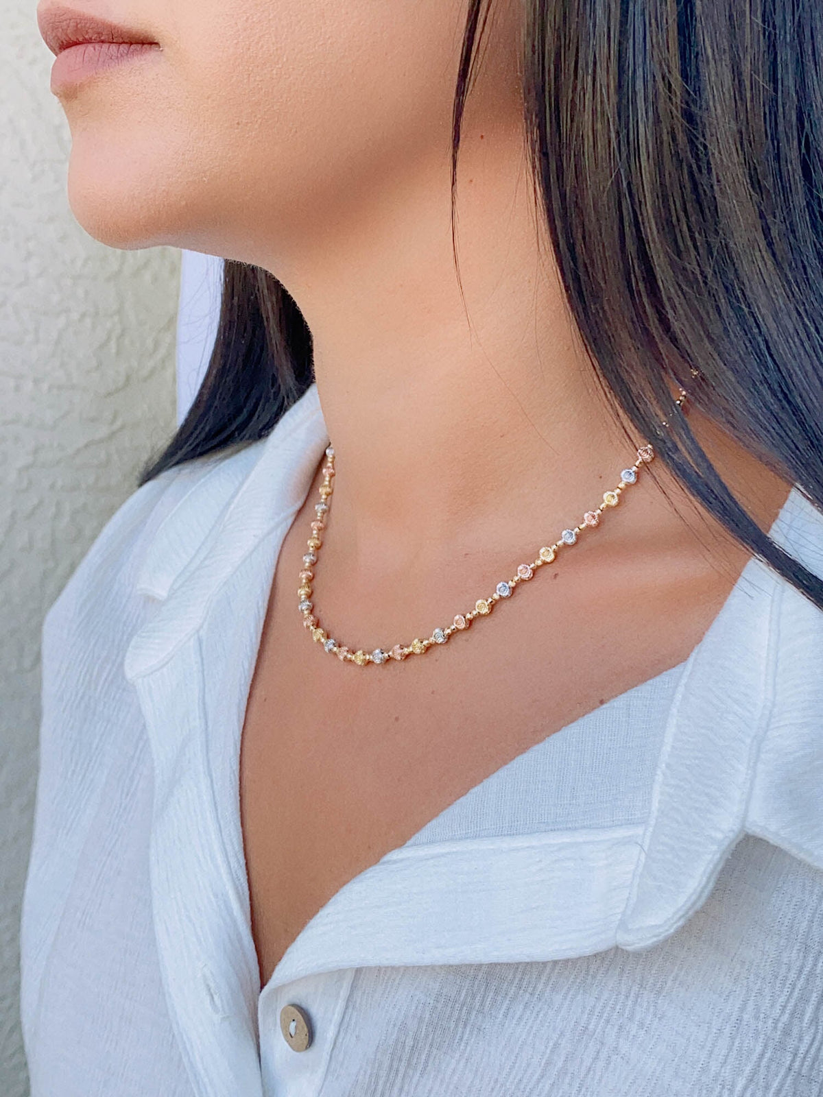 17.5&quot; Tri-Color Solid 18K Gold Diamond Cut Sparkly Bead Necklace 11g+ R4464 Aurora Designer