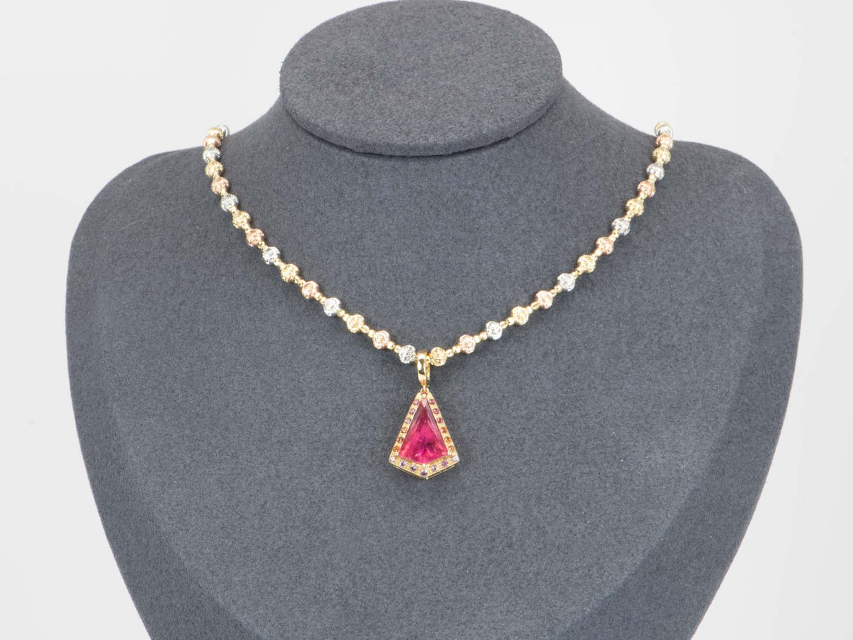 4.59ct Shield Shape Tourmaline with Ombre Sapphire Halo Pendant 14K Gold R4460 Aurora Designer