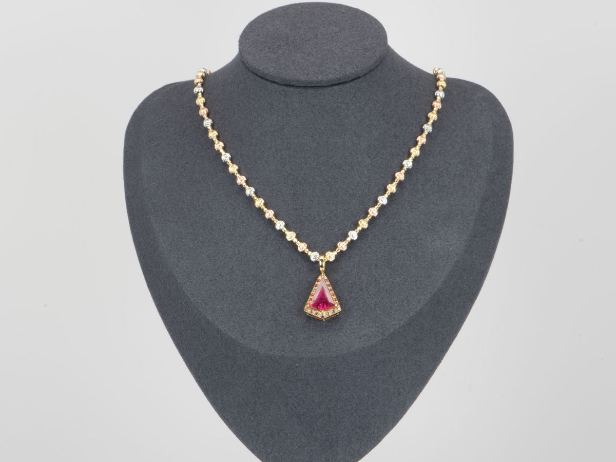 4.59ct Shield Shape Tourmaline with Ombre Sapphire Halo Pendant 14K Gold R4460 Aurora Designer