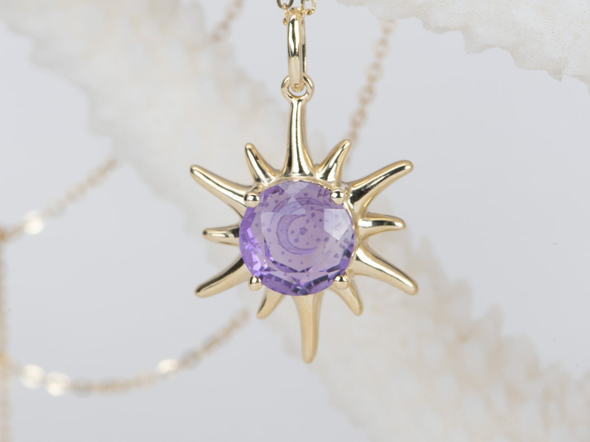 Amethyst and Citrine Intaglio Moon and Stars Sunray Pendant 9K Gold R4467 Aurora Designer