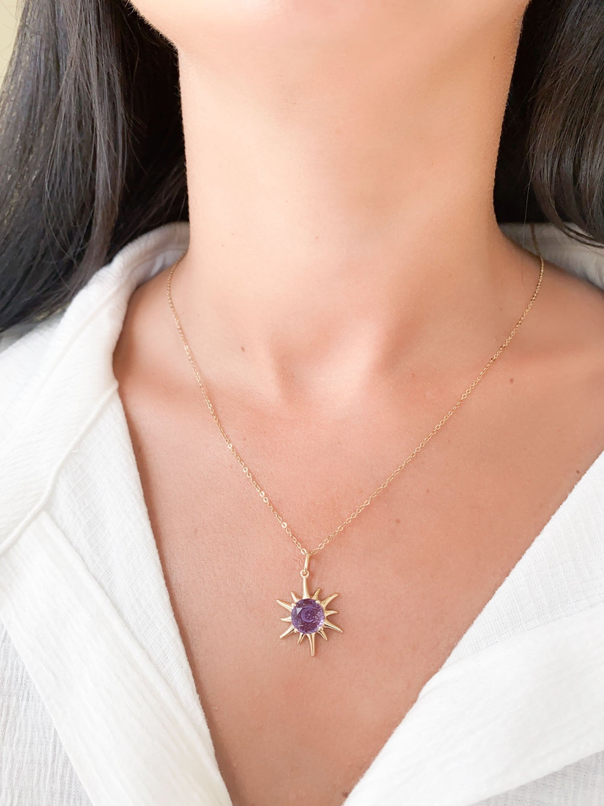 Amethyst and Citrine Intaglio Moon and Stars Sunray Pendant 9K Gold R4467 Aurora Designer