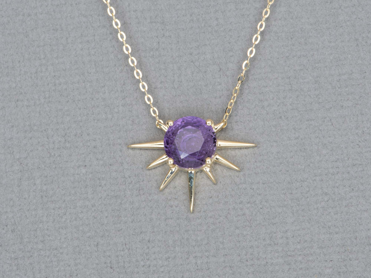 Amethyst Intaglio Moon and Stars Sunray Necklace 9K Gold R4468 Aurora Designer