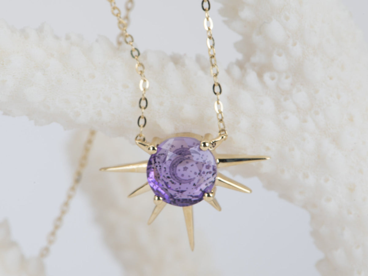 Amethyst Intaglio Moon and Stars Sunray Necklace 9K Gold R4468 Aurora Designer