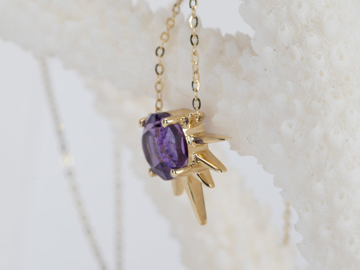 Amethyst Intaglio Moon and Stars Sunray Necklace 9K Gold R4468 Aurora Designer