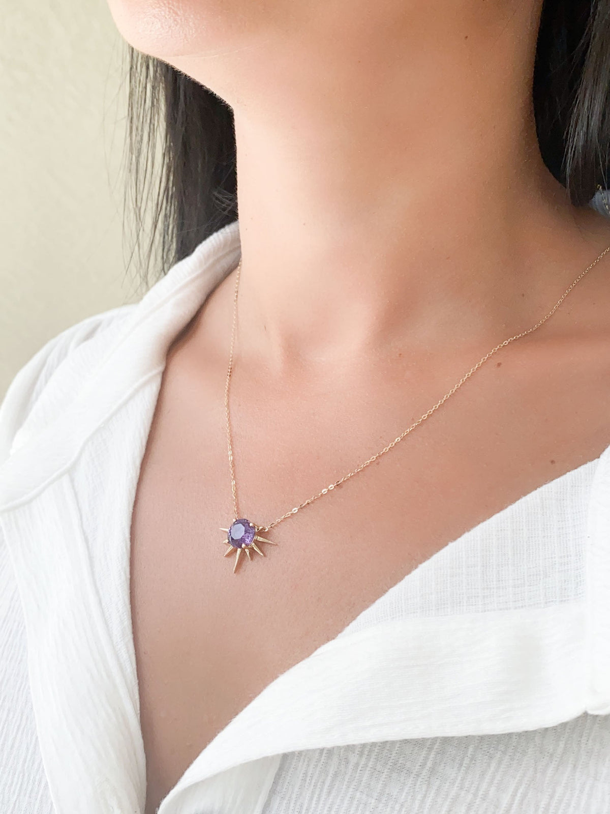 Amethyst Intaglio Moon and Stars Sunray Necklace 9K Gold R4468 Aurora Designer