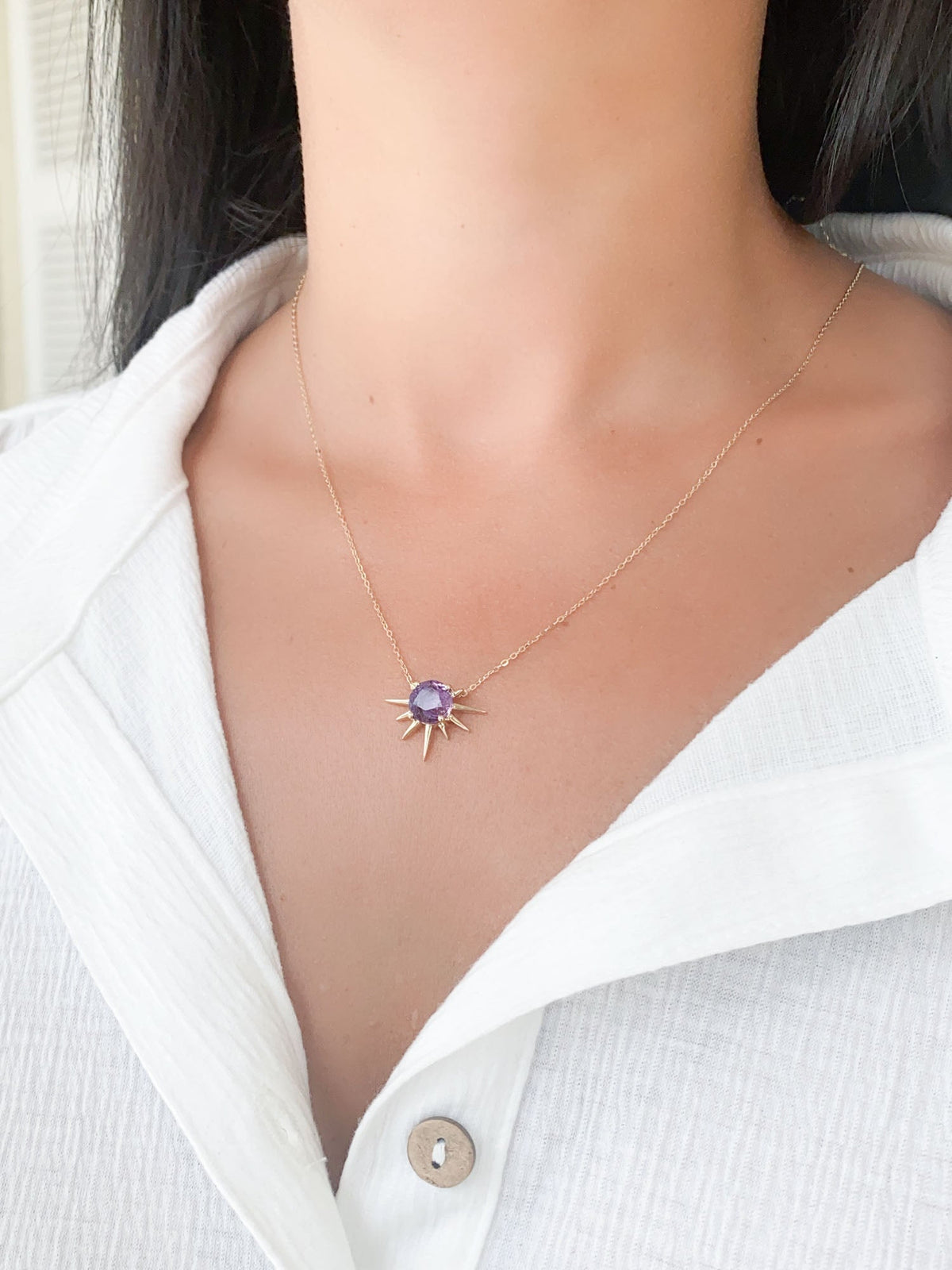 Amethyst Intaglio Moon and Stars Sunray Necklace 9K Gold R4468 Aurora Designer